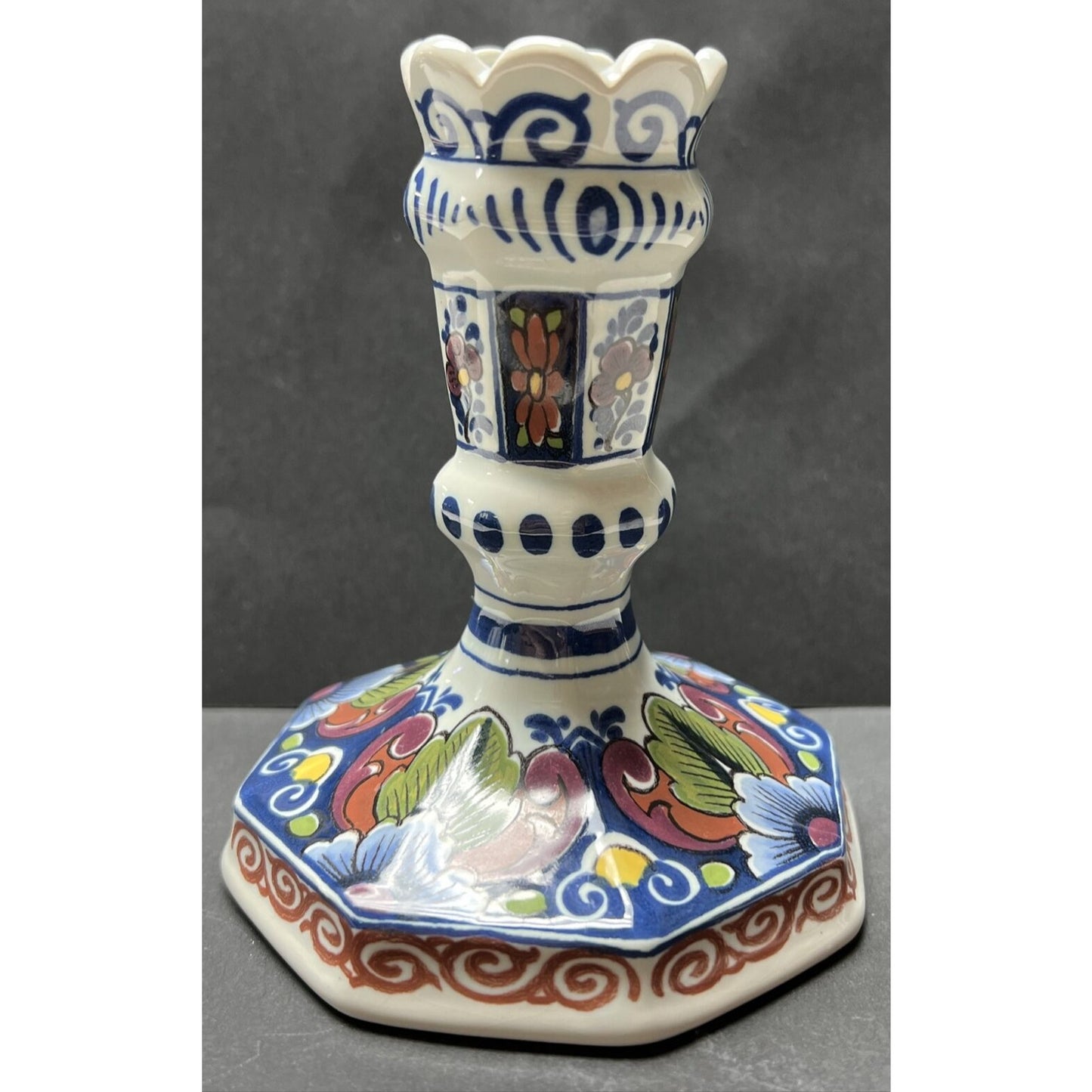 Vtg Oud Delft Holland 834/1 Candle Stick Holder Polychrome Floral Hand Painted