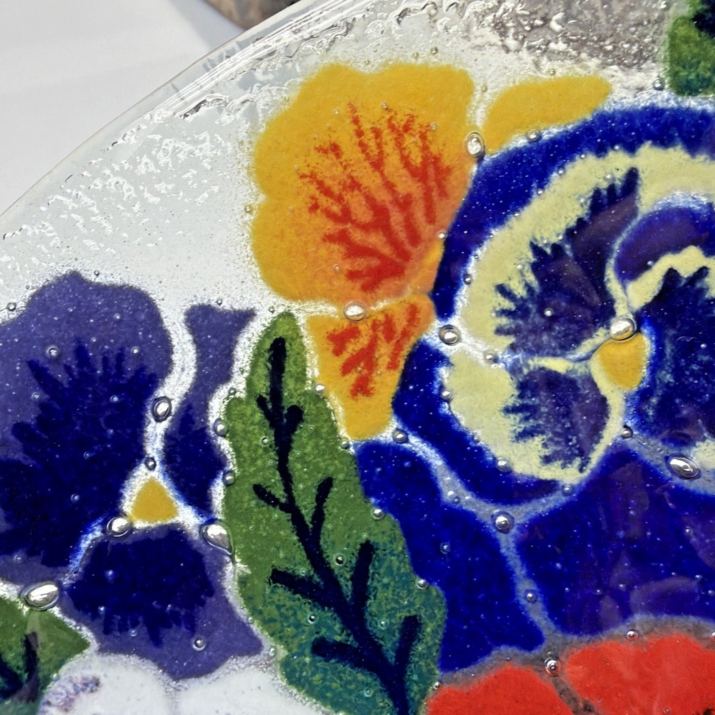 Vintage Peggy Karr Fused Art Glass Plate Platter Floral Pansy 11" Signed