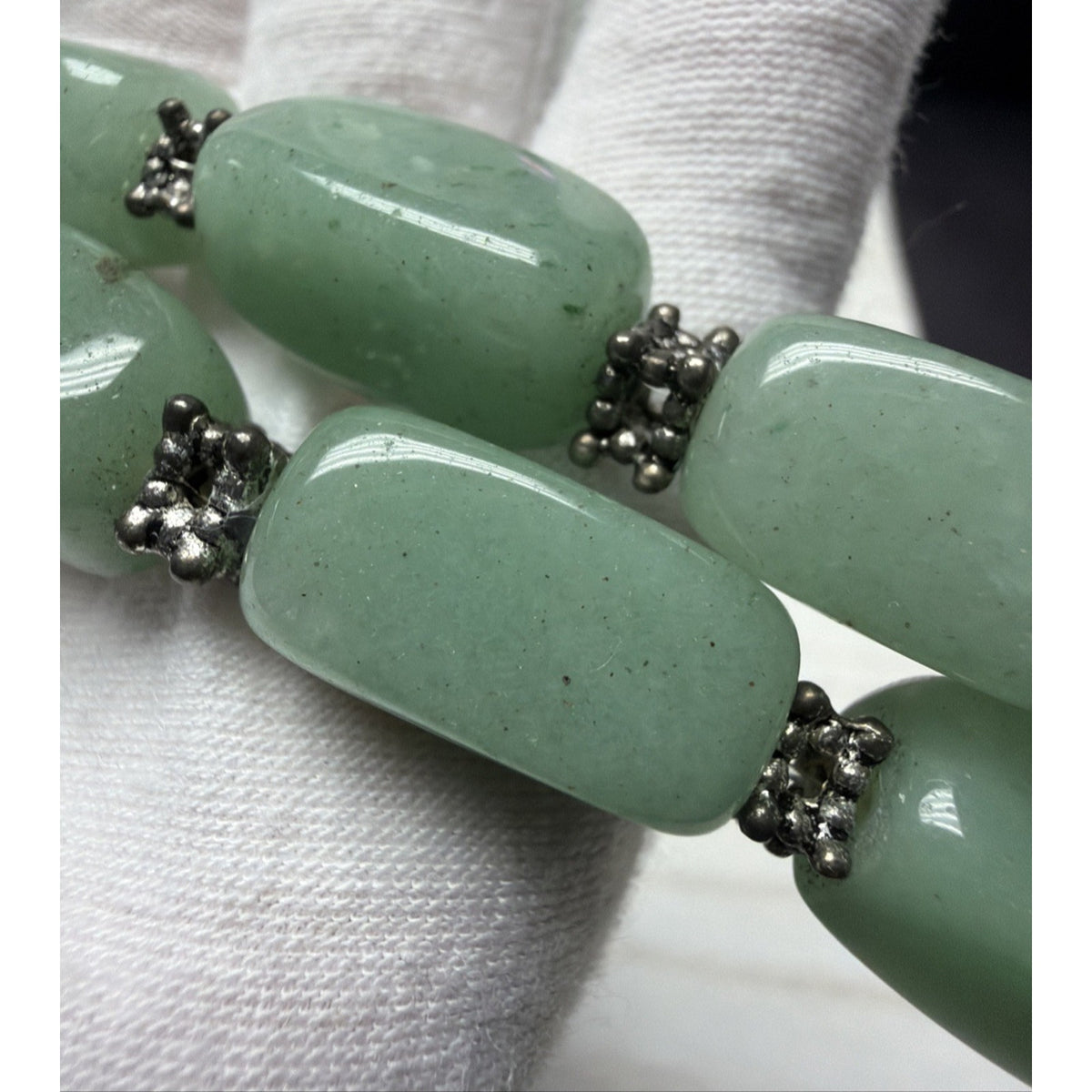 Jade Jadite Tumbler Beaded Silver Tone Necklace Green Choker Statement Chunky