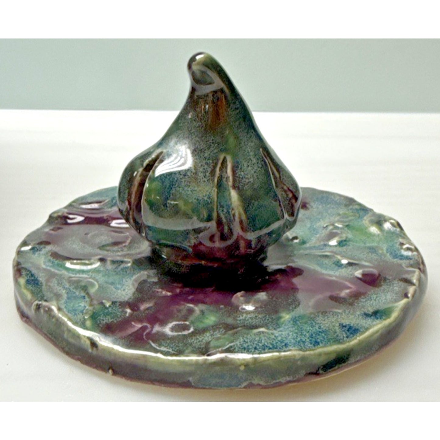 Studio Art Pottery Garlic Keeper Jar Canister Figural Lid Drip Glaze Signed