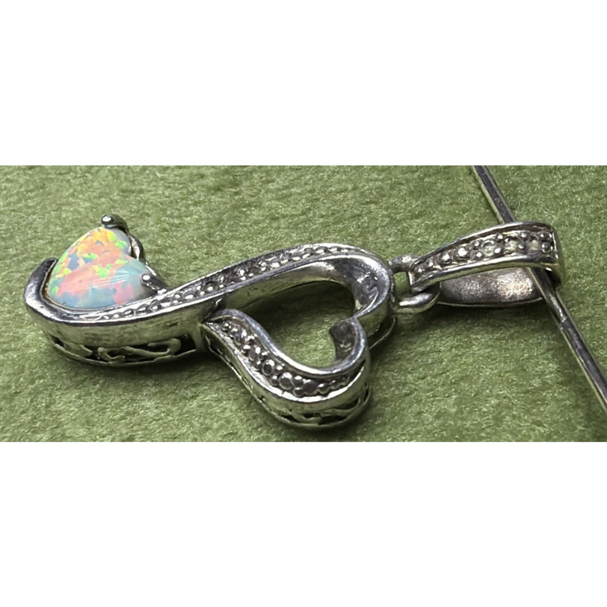 Vintage LA 925 Sterling Silver Double Heart Pendant Opal Diamond Chip
