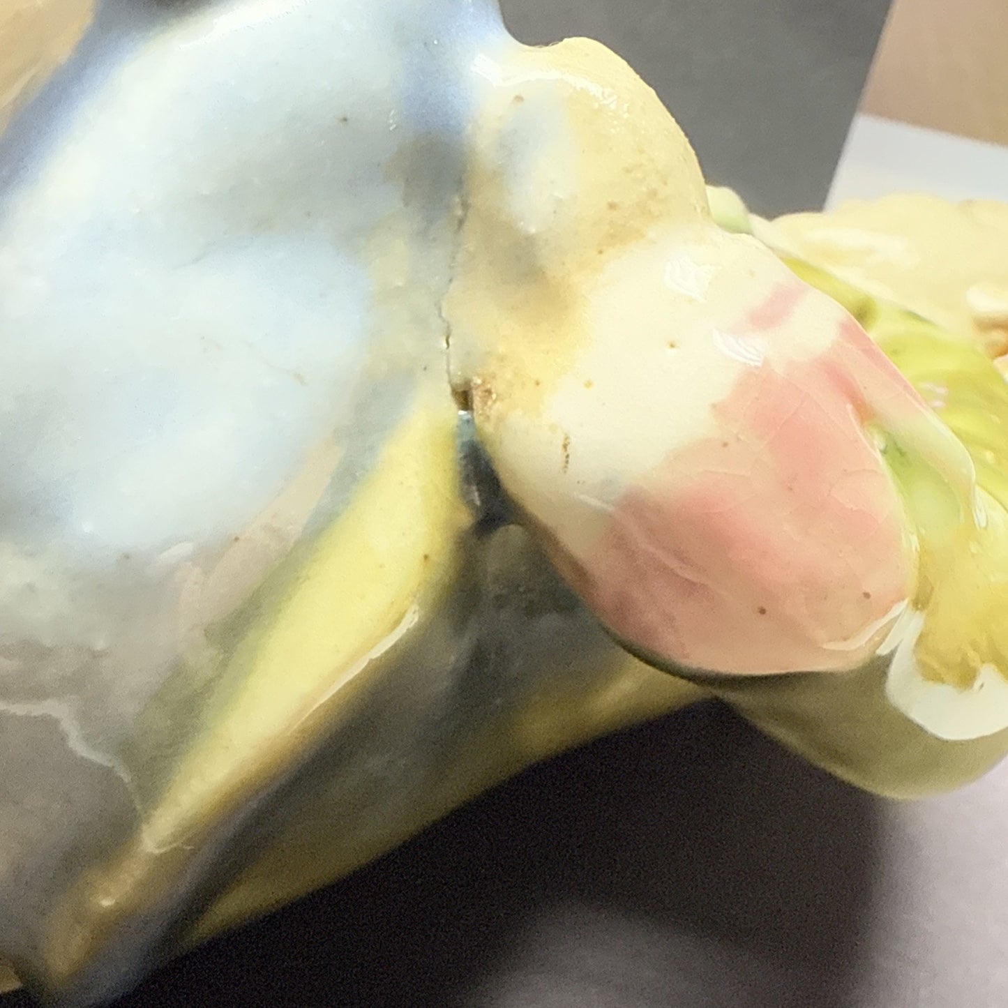 Vintage Majolica Pottery Glazed Crackle Man Holding Basket Sitting Signed As Is