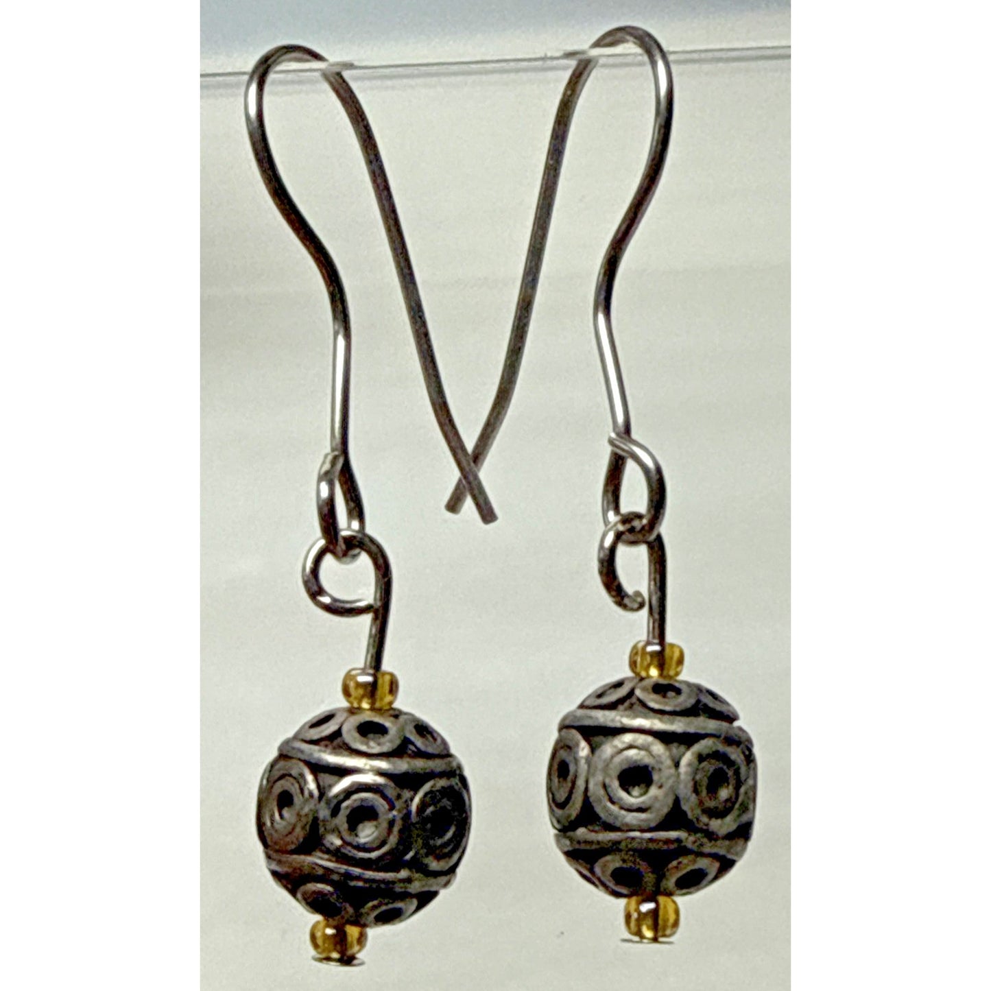 Vintage Sterling Silver Round Ball Bead Drop Earrings Bali Wire Moroccan