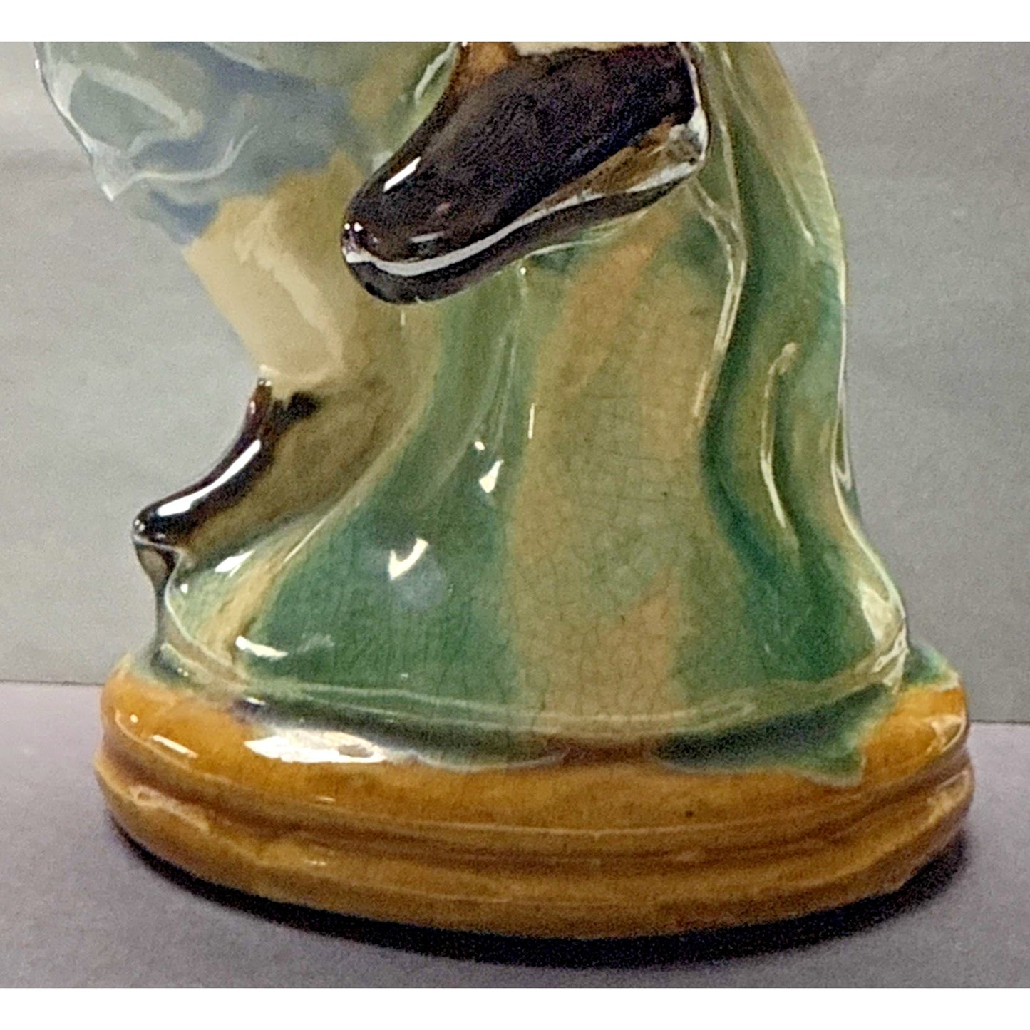 Vintage Majolica Pottery Glazed Crackle Man Holding Basket Sitting Signed As Is