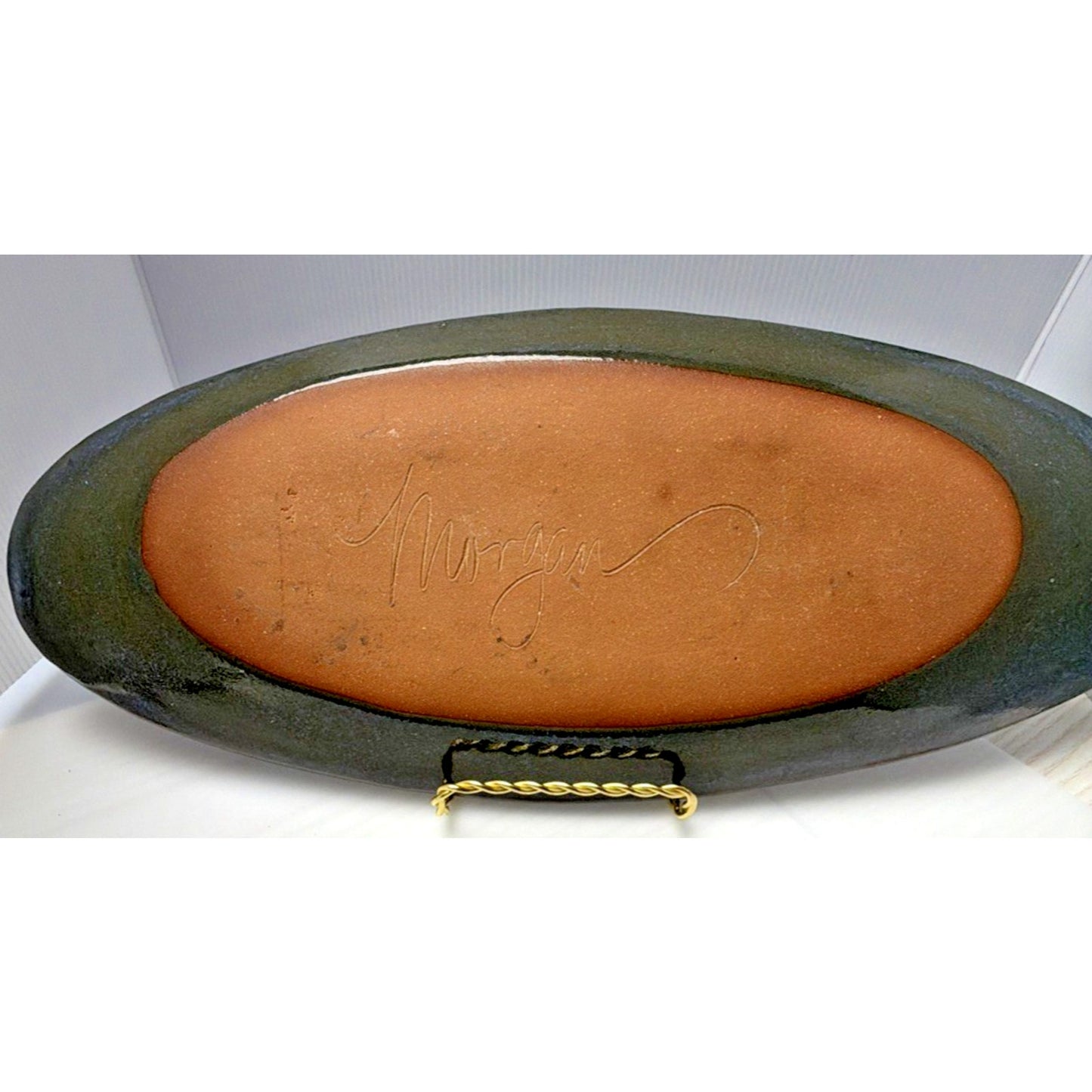 Phil Morgan Art Pottery Long Oval Platter Glazed Hand Painted Flowers Stems