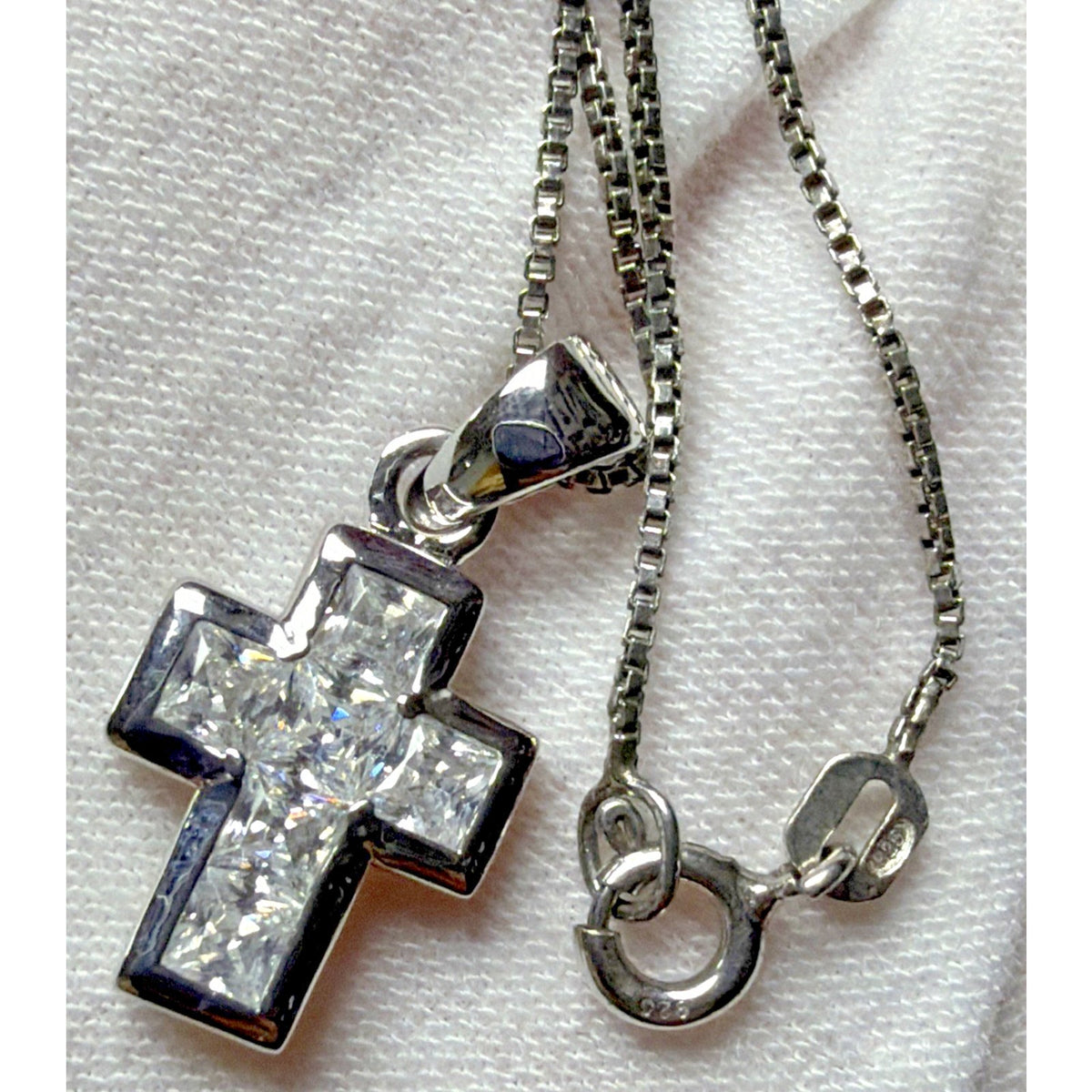 Sterling Silver Religious Cross Pendant Necklace Princess Cut Crystals Box Chain