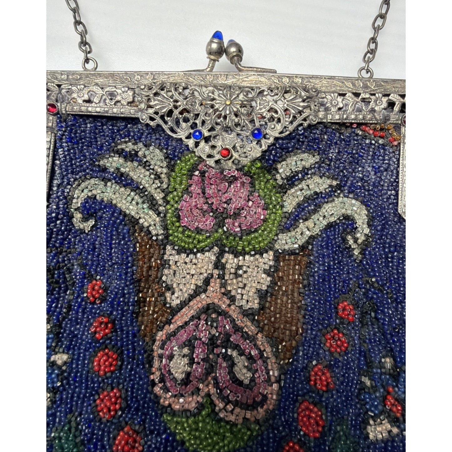Art Deco Micro Beaded Flapper Bag Purse Ornate Metal Frame Bezel Jewel Kiss Lock