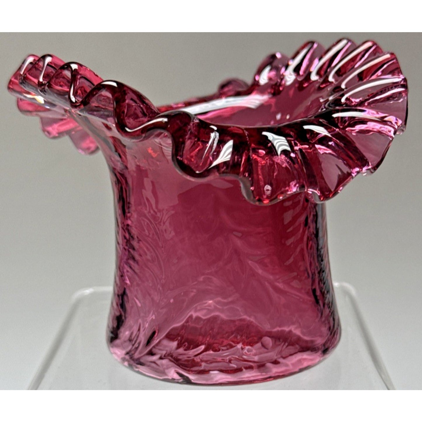 Vintage Fenton Glass Cranberry Embossed Fern #7235 Crimped Hat Vase