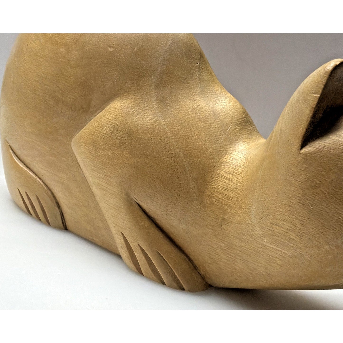 Folk Art Whimsey Hand Carved Solid Wood Cat Figurine Crouched Statue