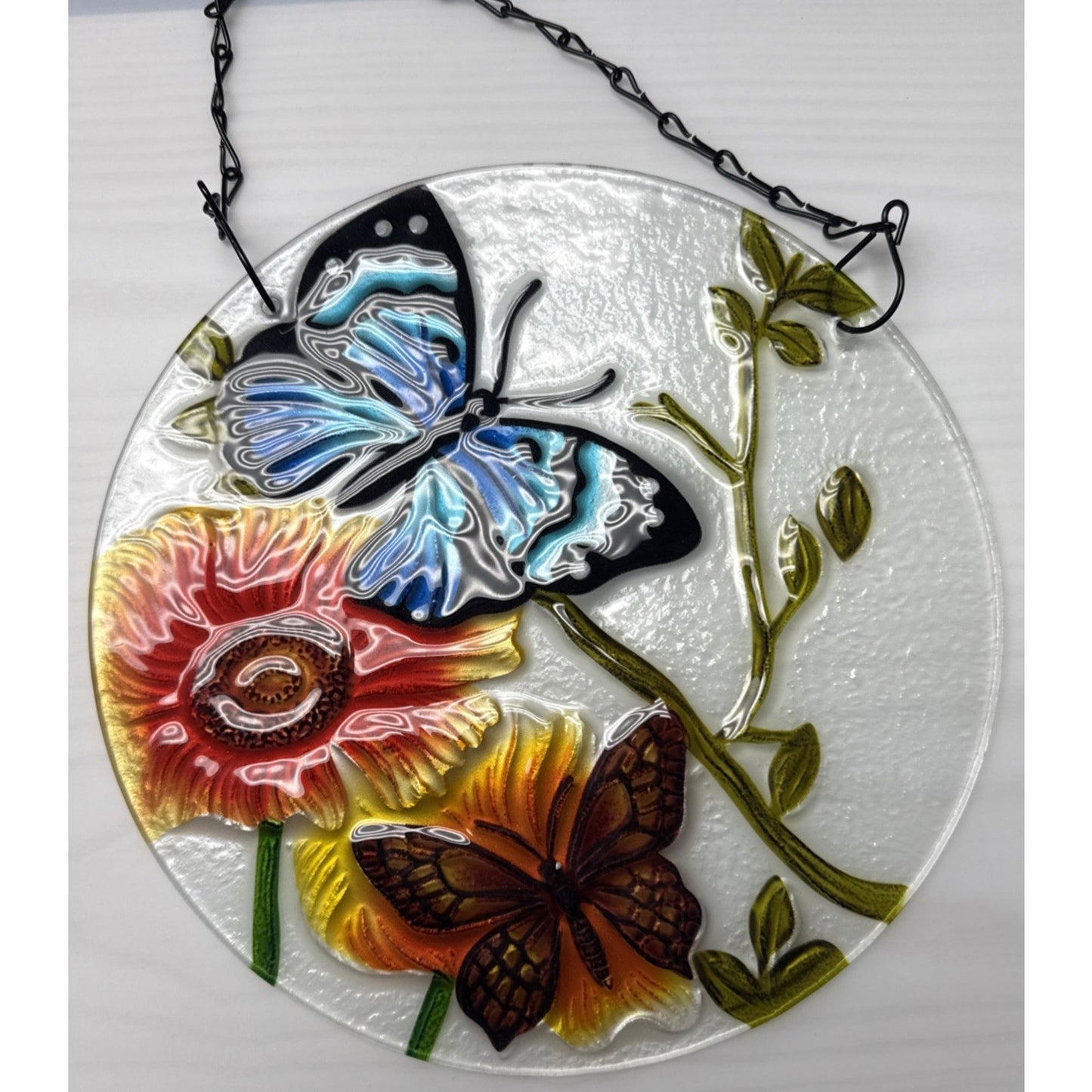 Stained Glass Painted Butterfly Sunflower Suncatcher Rimless Hanging Glass