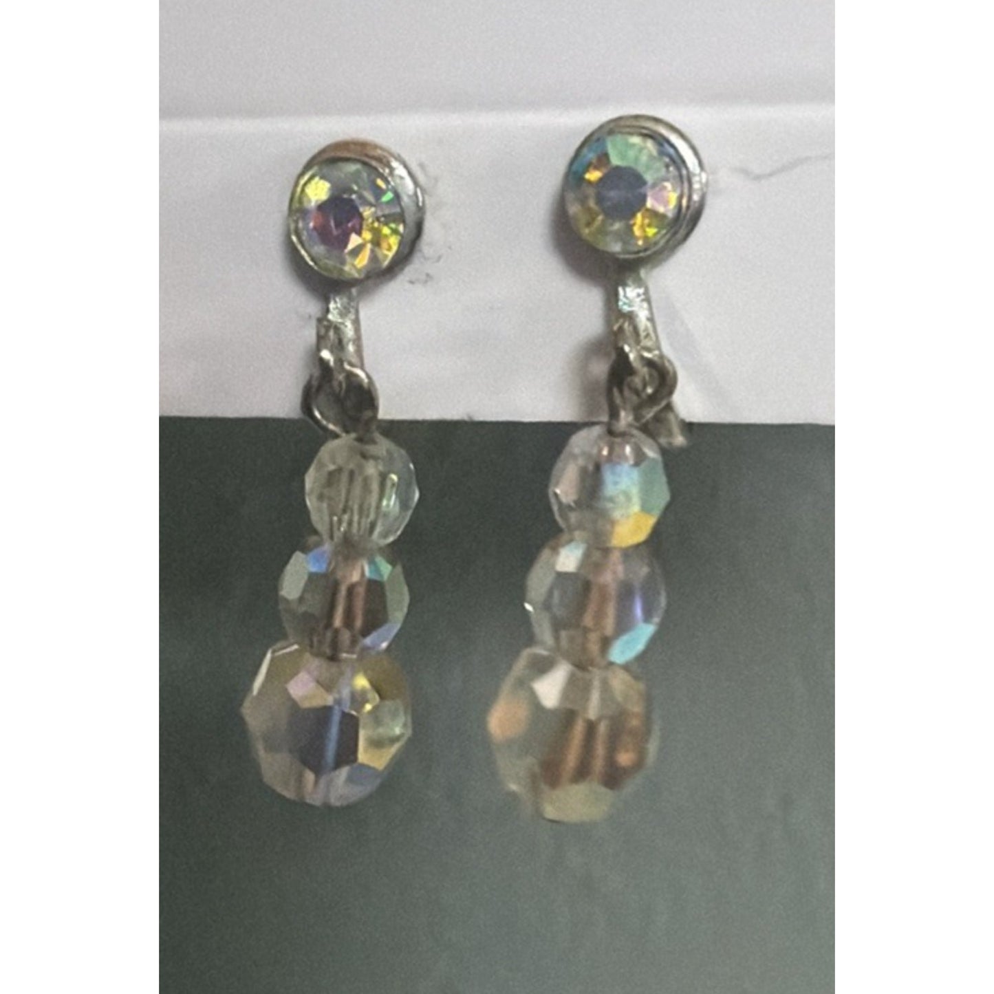 Vintage Clear Aurora Borealis AB Crystal Bead Dangle Screw Back Earrings