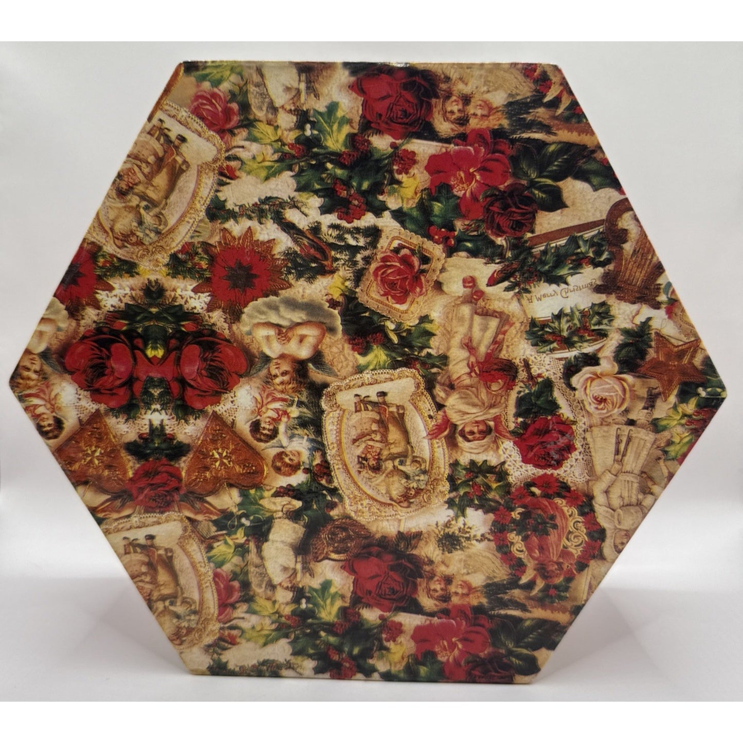 Vintage Set of 6 Christmas Decoupage Paper Mache Victorian Ornaments Box Ribbon