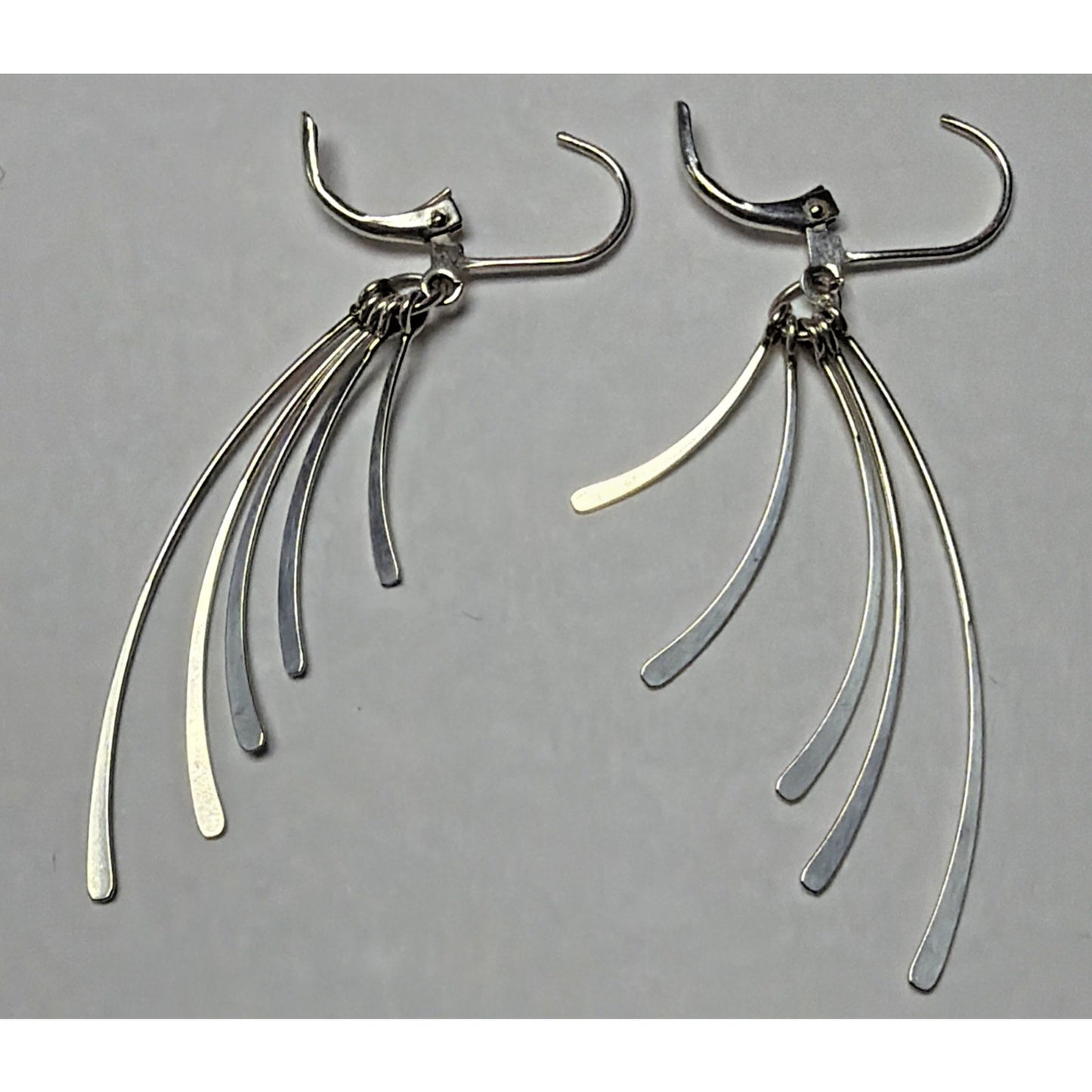 Vintage Sterling Silver Fan Fringe Feather Dangle Hinged Hook Earrings