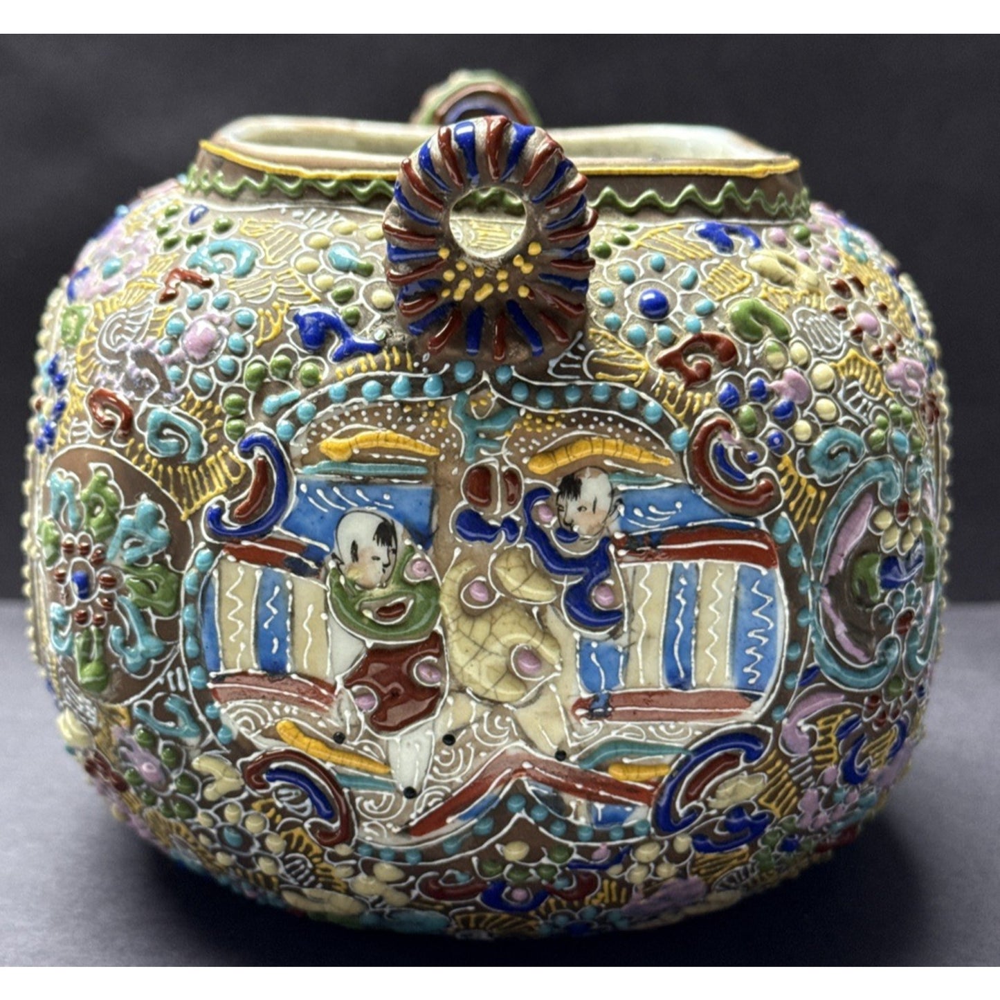 Antique Japanese Satsuma Teapot Beaded Moriage Ornate As-Is No Lid