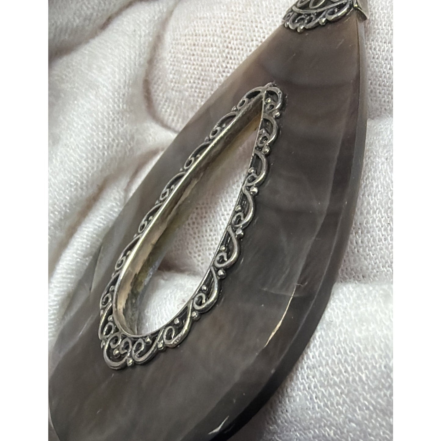 Sterling Silver Abalone MOP Teardrop Pendant Ornate Filigree Bali Style As Is