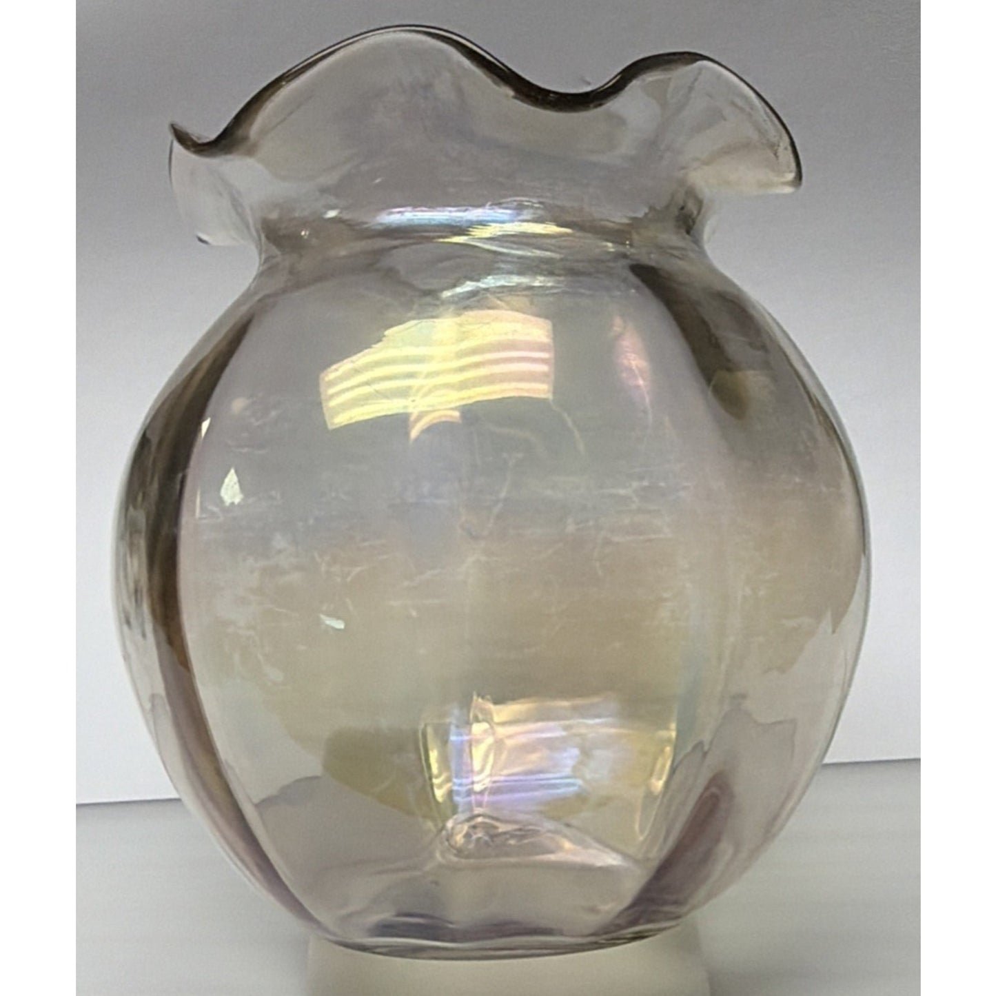 Victorian Loetz Moser Smoke Gray Iridescent Vase Ruffle Optic Rose Bowl As Is