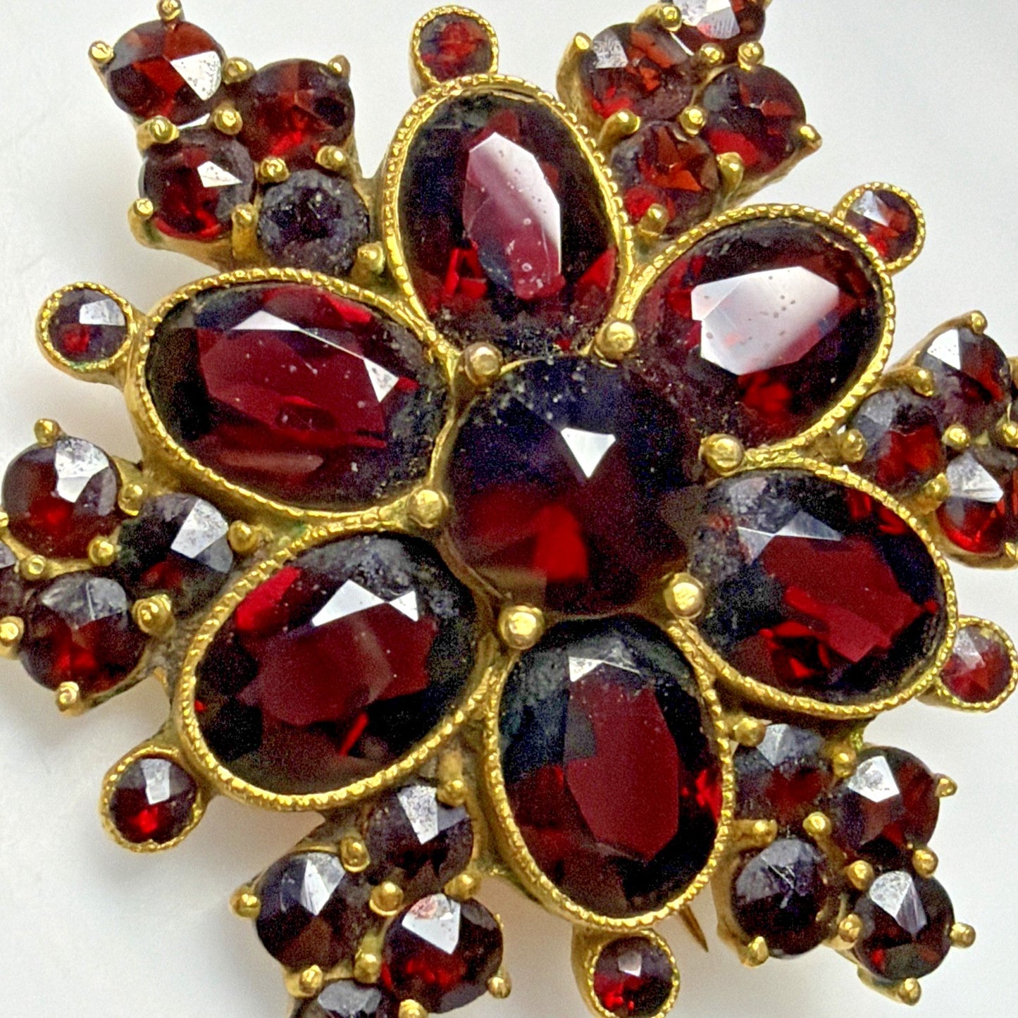Victorian Red Garnet Star Snowflake Cluster Germany Brooch Pin Screw Earrings