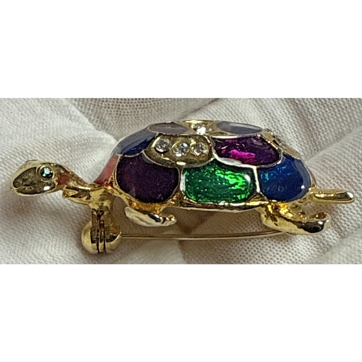 Vintage Rhinestone Guilloche Enamel Painted Turtle Tortoise Brooch Pin
