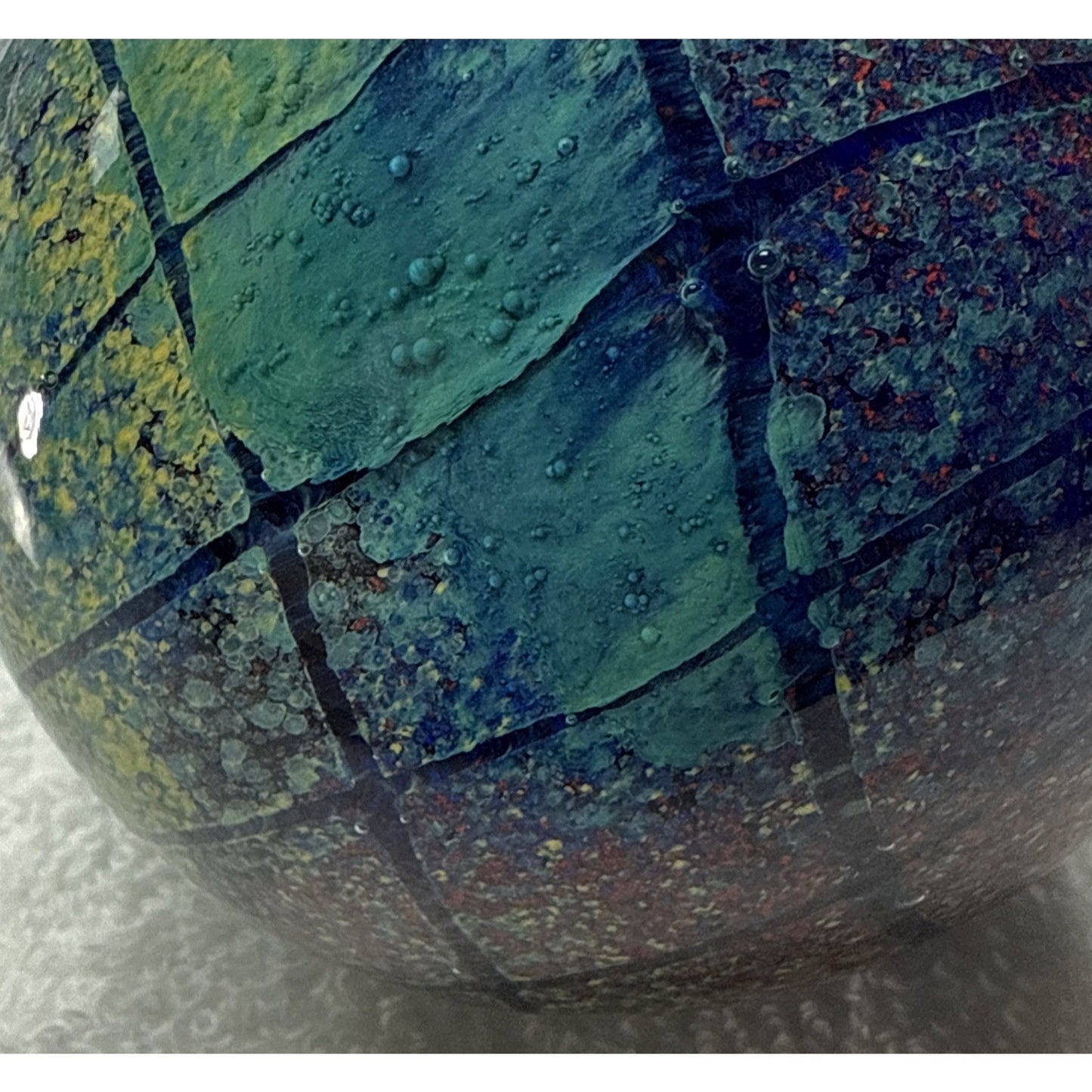 Vtg Art Glass Globe Paperweight Blue Green Confetti Hemisphere Mottled Bubbles