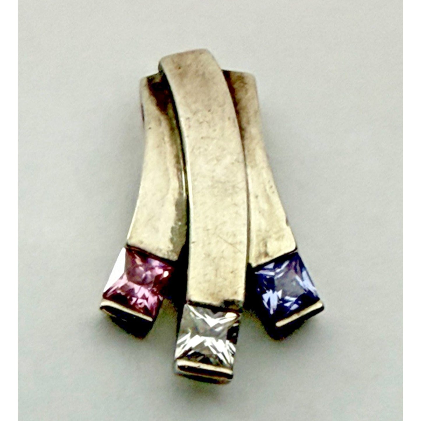 Modernist Asymmetrical Brutalist Pendant Charm Sterling Silver Gemstones Cz