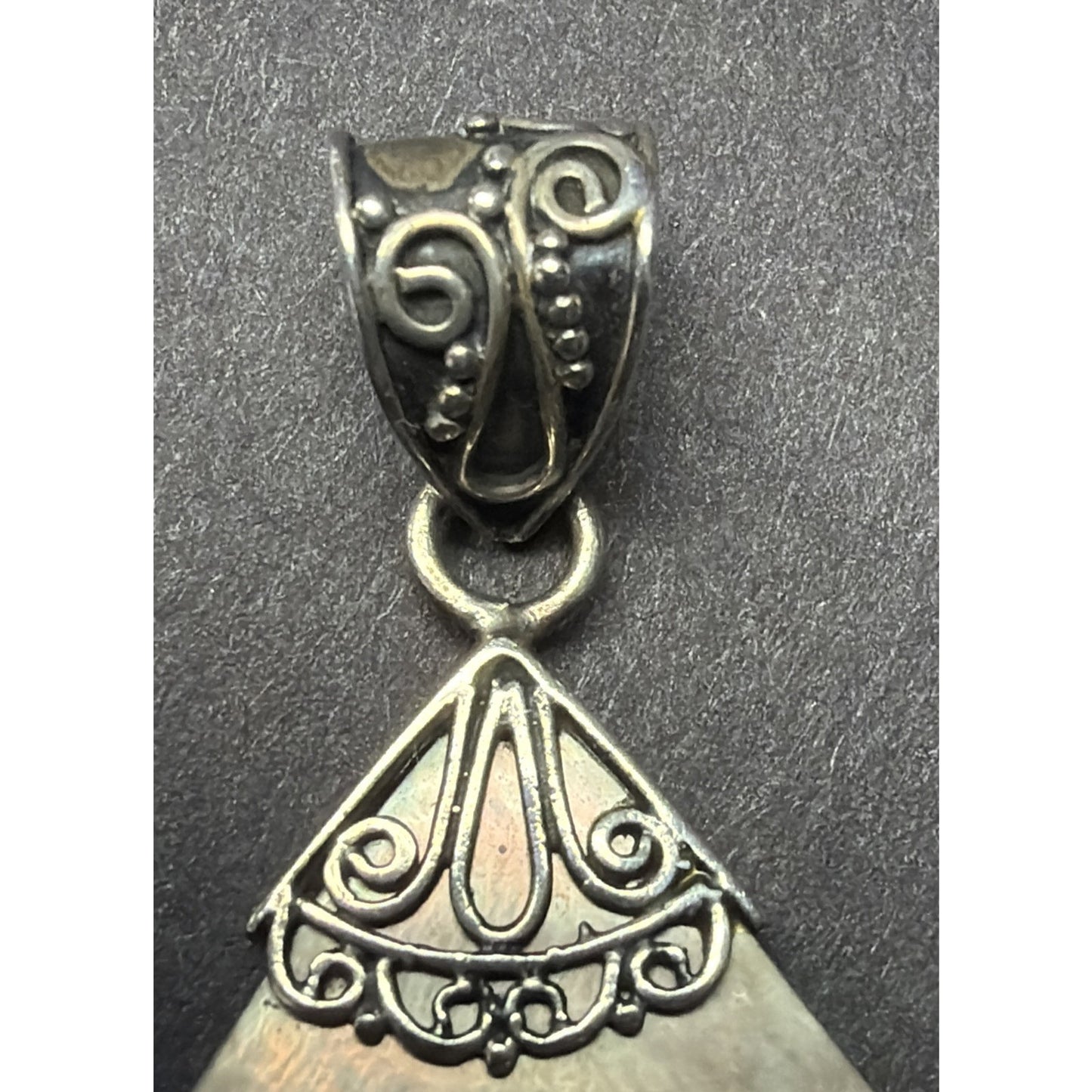 Sterling Silver Abalone MOP Teardrop Pendant Ornate Filigree Bali Style As Is