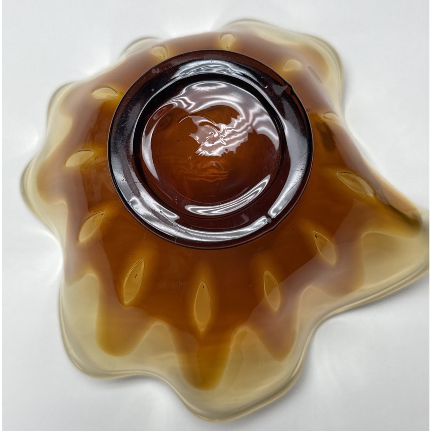 MCM Fostoria Art Glass Hawaiian Amber Brown Footed Ruffled Bowl