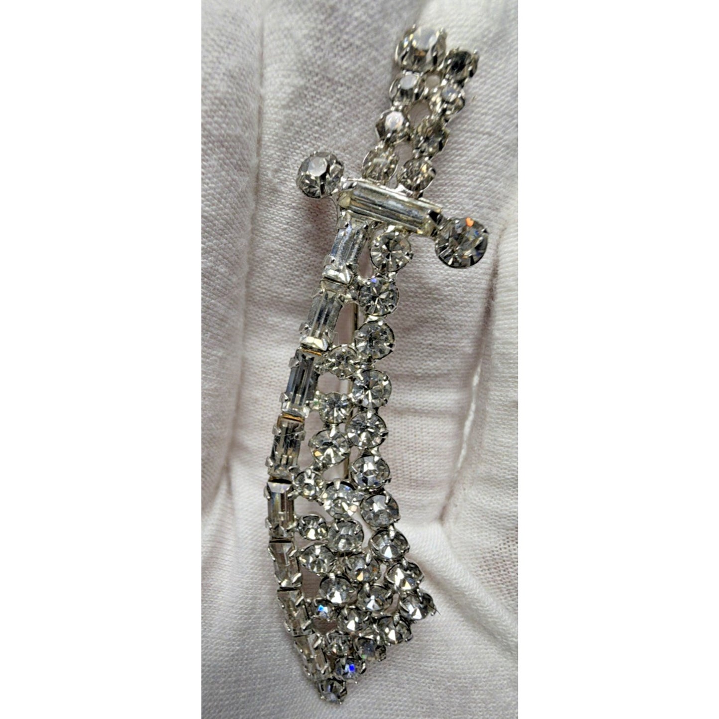 Vintage Sword Pin Brooch Dagger Crystal Rhinestones Baguette Silver