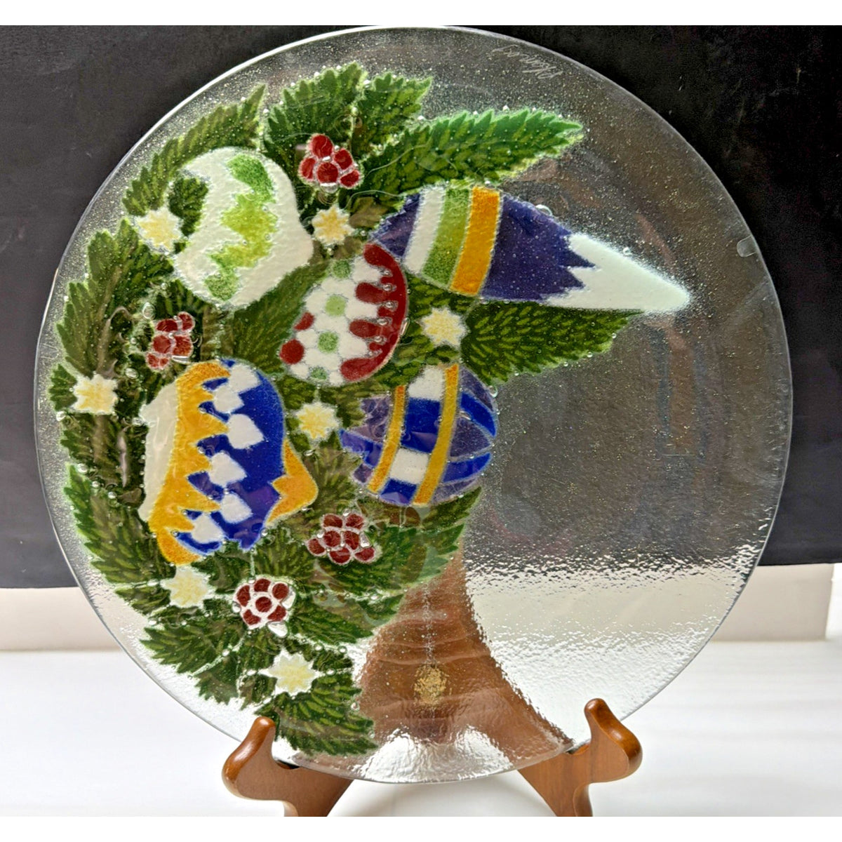 Vintage Peggy Karr Fused Glass Holiday Ornaments Holly Platter Signed