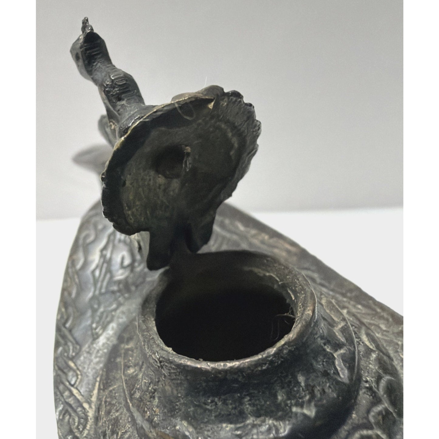 Old Bronze Brass Peacock Bird Engraved Aladdin Lamp Oil Handle As Is Read