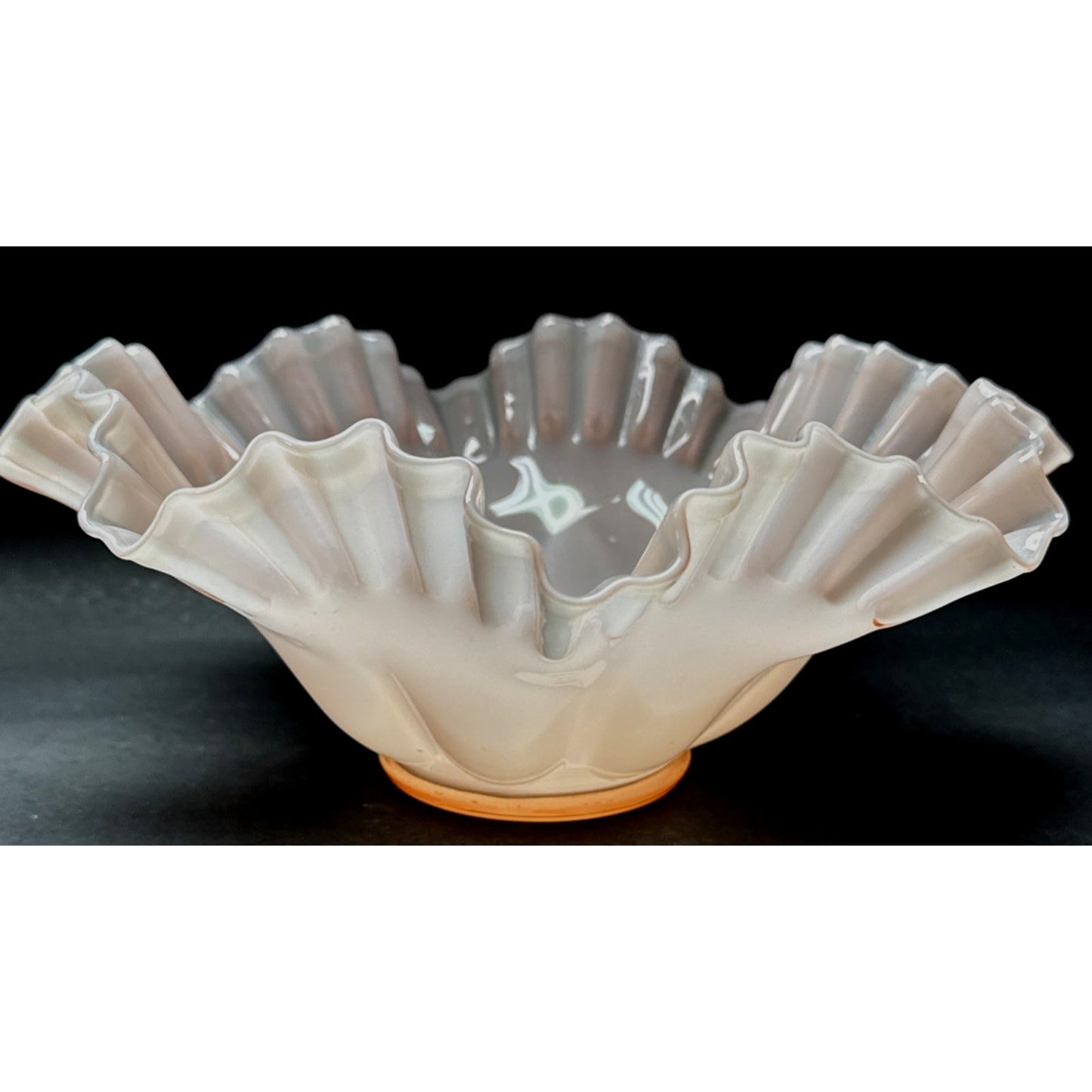 Vintage Fenton Glass Rose Overlay Pink Melon Bowl Crimped Wavy Edge