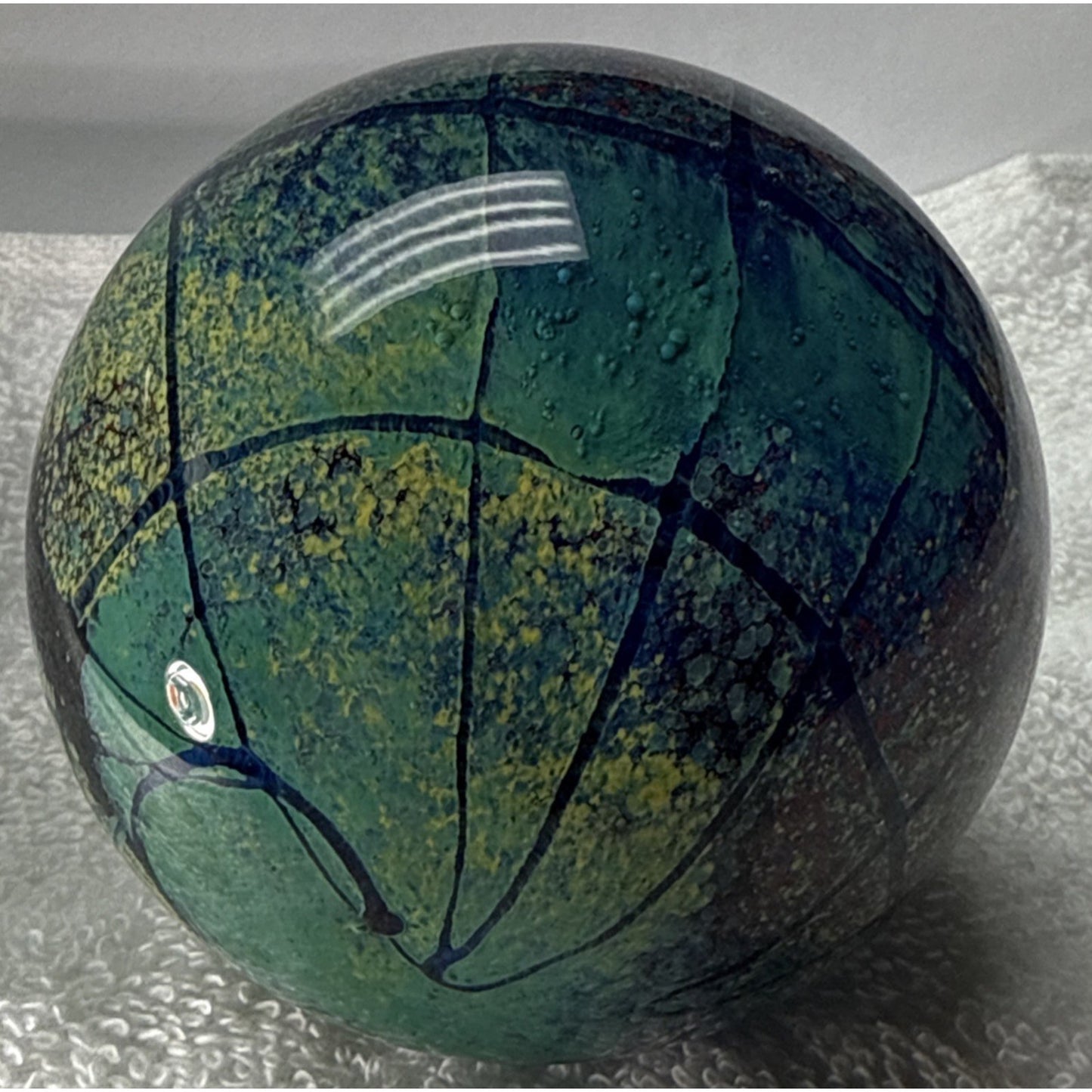 Vtg Art Glass Globe Paperweight Blue Green Confetti Hemisphere Mottled Bubbles