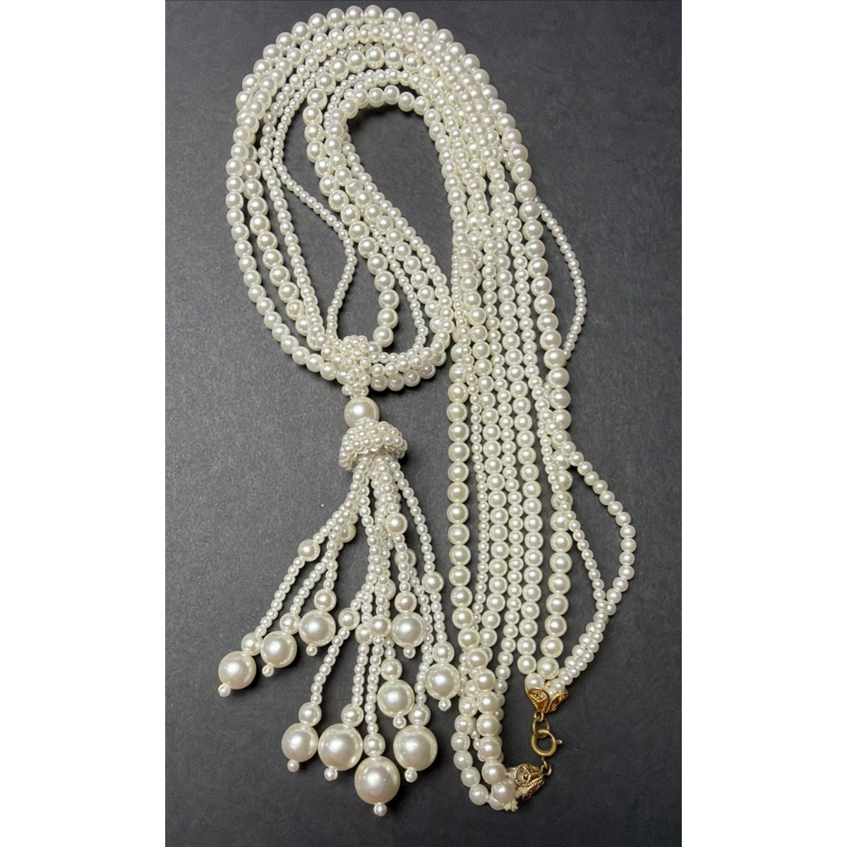 Vintage Multi Strand Faux Pearl Necklace Lariat Long Clasp