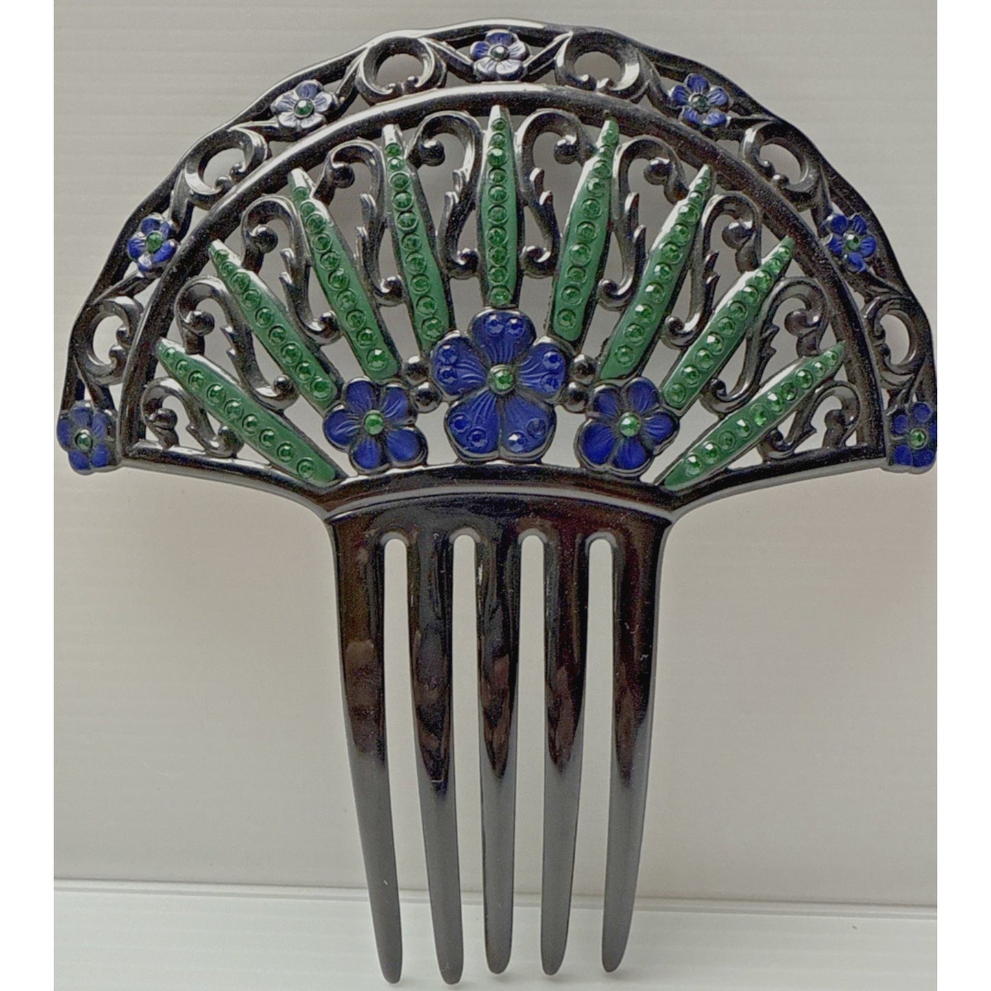 Art Deco Large Fan Shape Hair Comb Black Celluloid Rhinestone Flower Blue Green