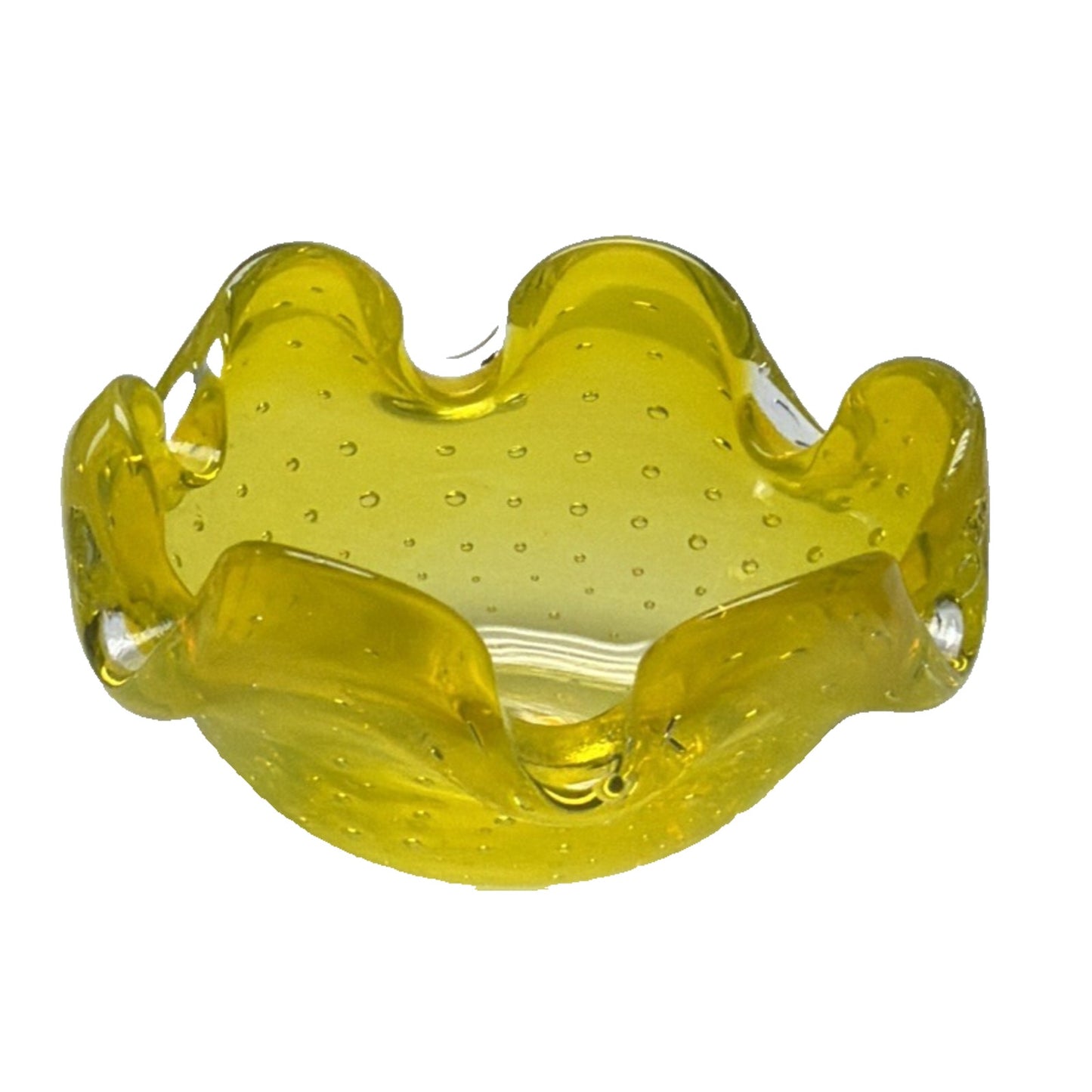 Vtg Kreiss Art Glass Bullicante Canary Yellow Controlled Bubbles Bowl Ashtray