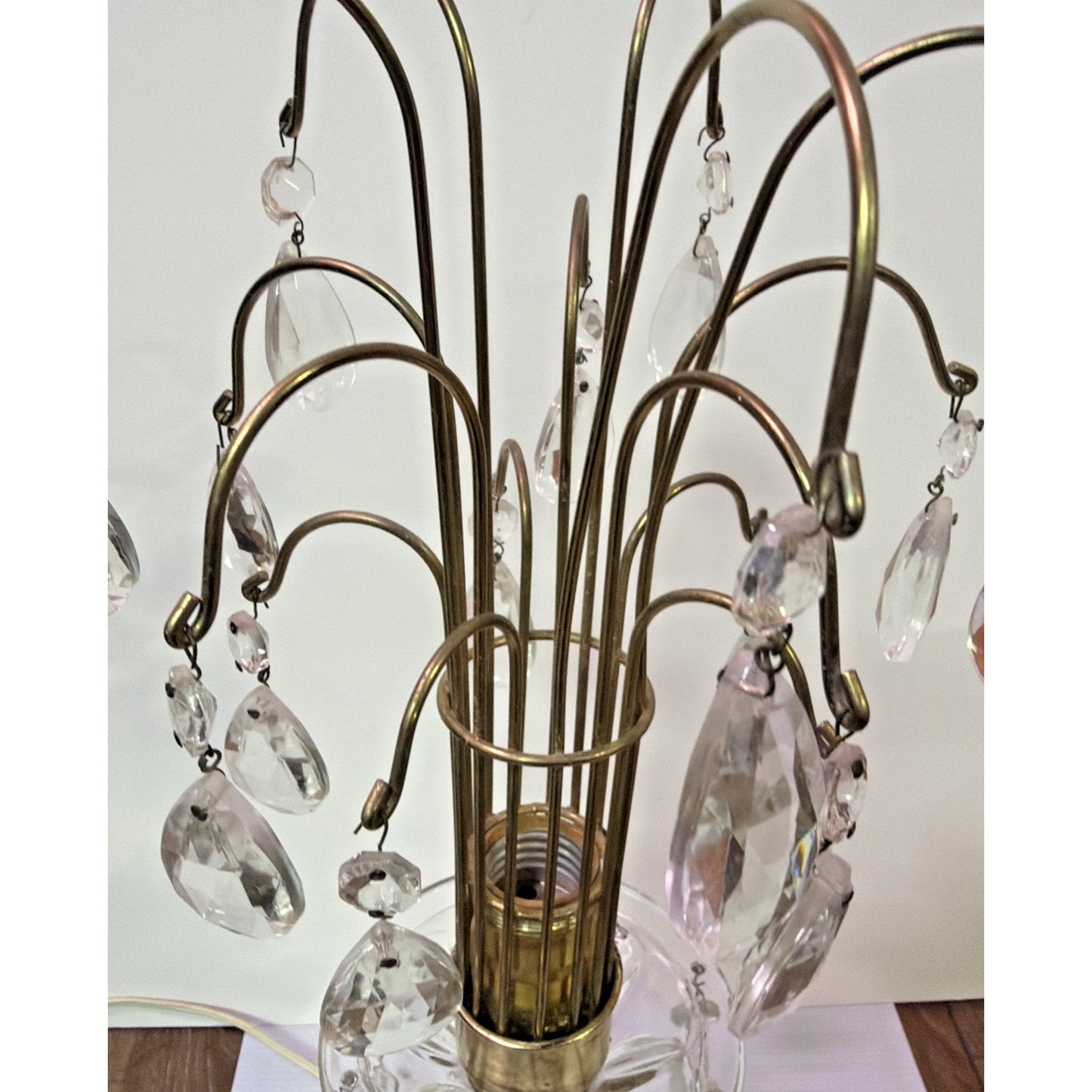 MCM Hollywood Regency Crystal Glass Brass Metal Waterfall Lamp Cherubs As Is
