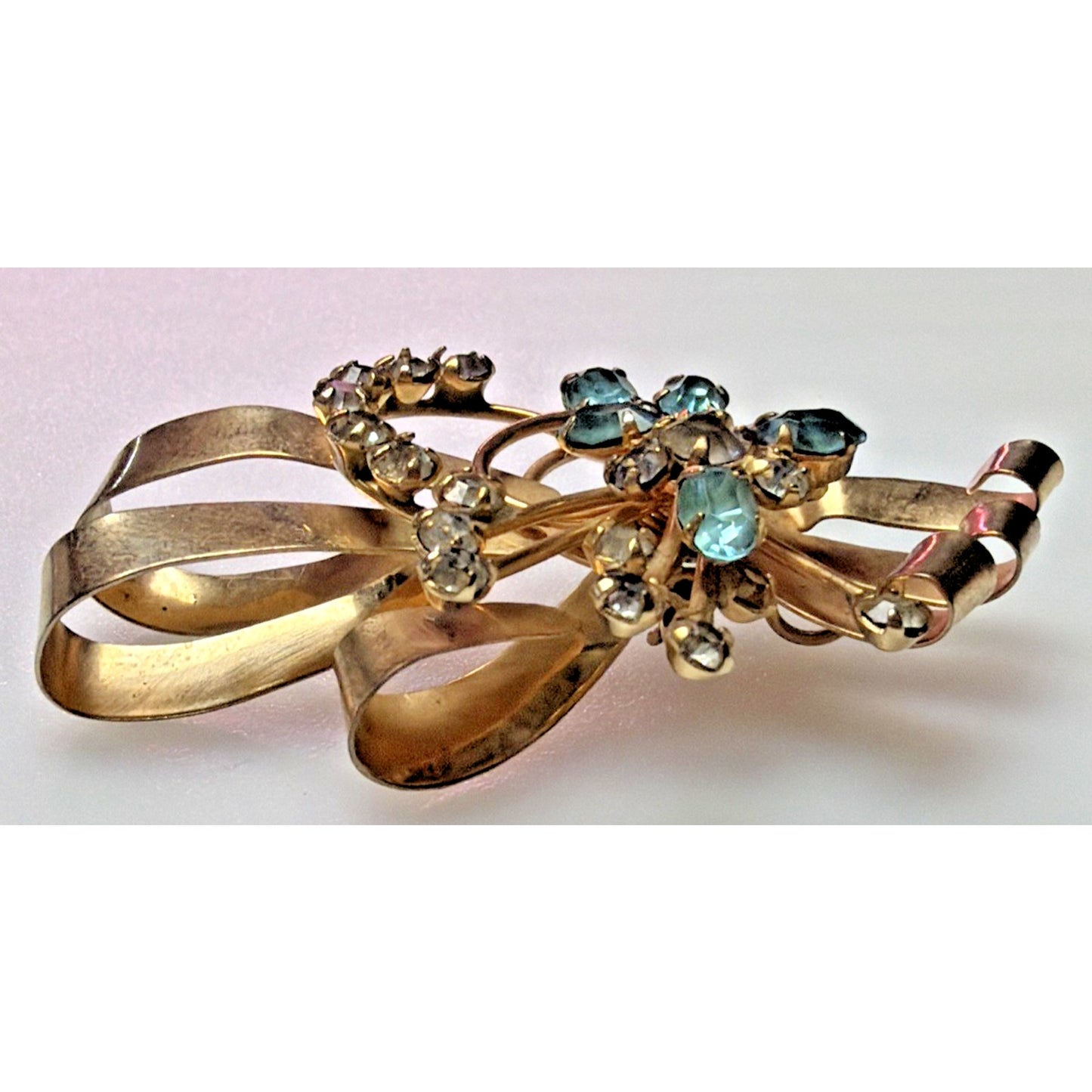Vintage 1/20 10k Gold Filled Floral Spray Ribbon Pendant Brooch Aqua Rhinestone