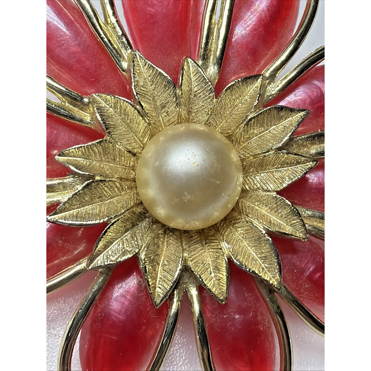 Vintage Large Flower Blossom Brooch Resin Plastic Leaves Gold Frame Faux Pearl