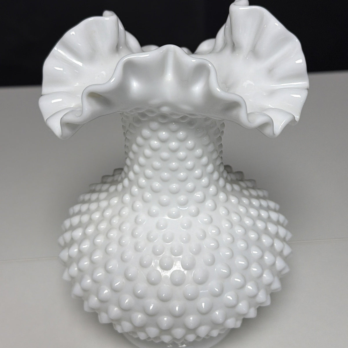 Vintage Fenton Milk Glass Vase Hobnail Ruffled Crimped Rim