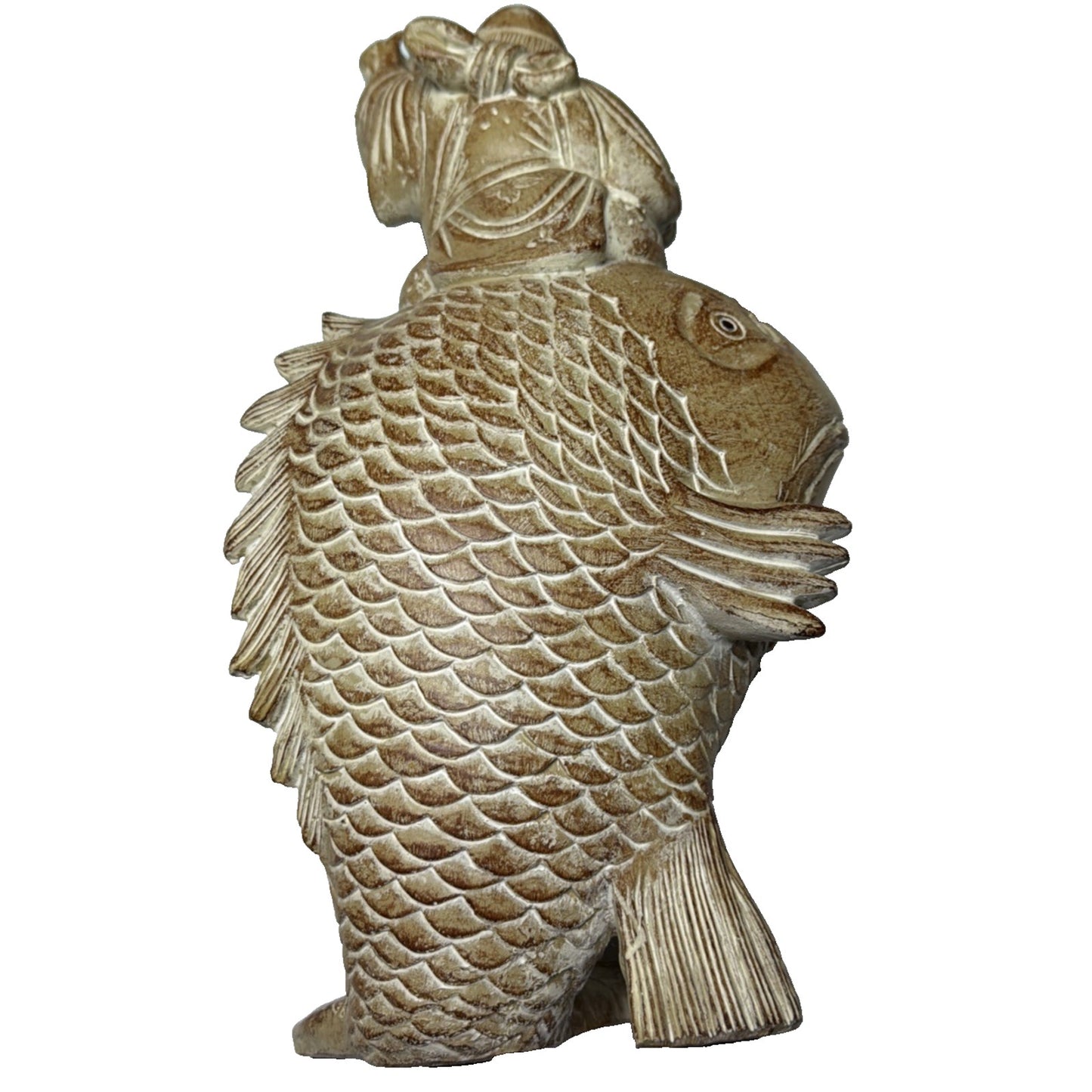 Vtg Designer Repros LA Carved Koi Fish Buddha Fishing Happy Asian Inspired As Is