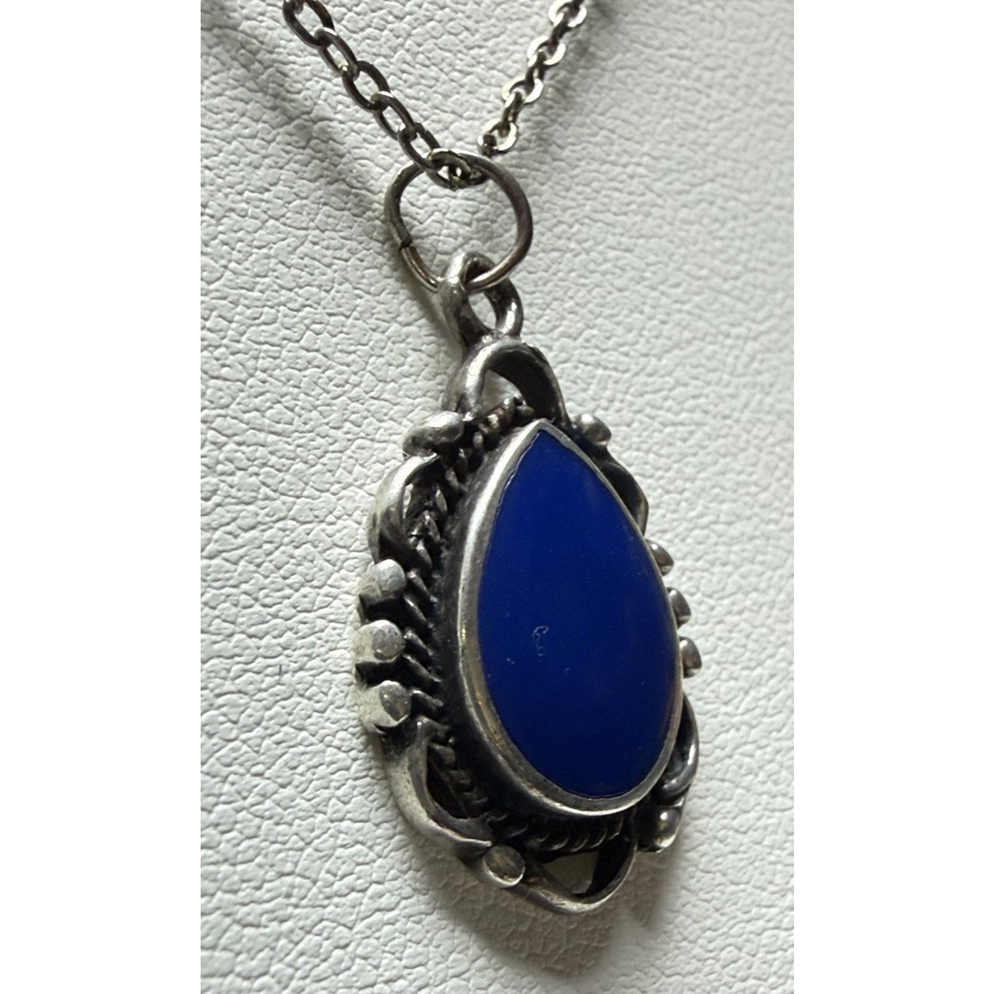 Vintage Sterling Silver Teardrop Pendant Necklace Blue Enamel As Is