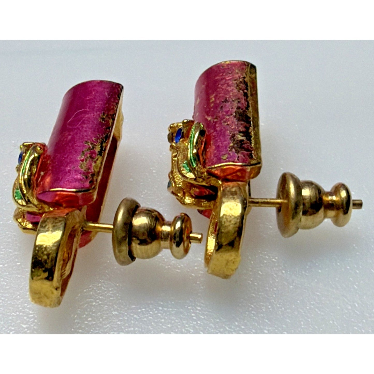 Vintage Enamel Rhinestone Candlestick Candle Earrings Pink Gold Tone