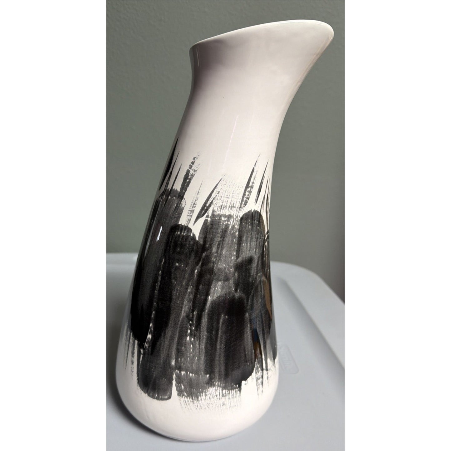 MCM Abstract Art Pottery Vase Black White Brushed Glazed Asymmetrical Signed