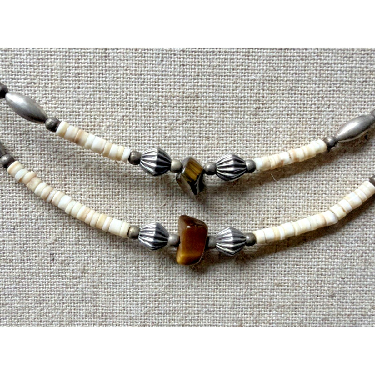 Vtg Liquid Silver Heishi Bead Tigers Eye Stone Necklace Sterling Southwestern