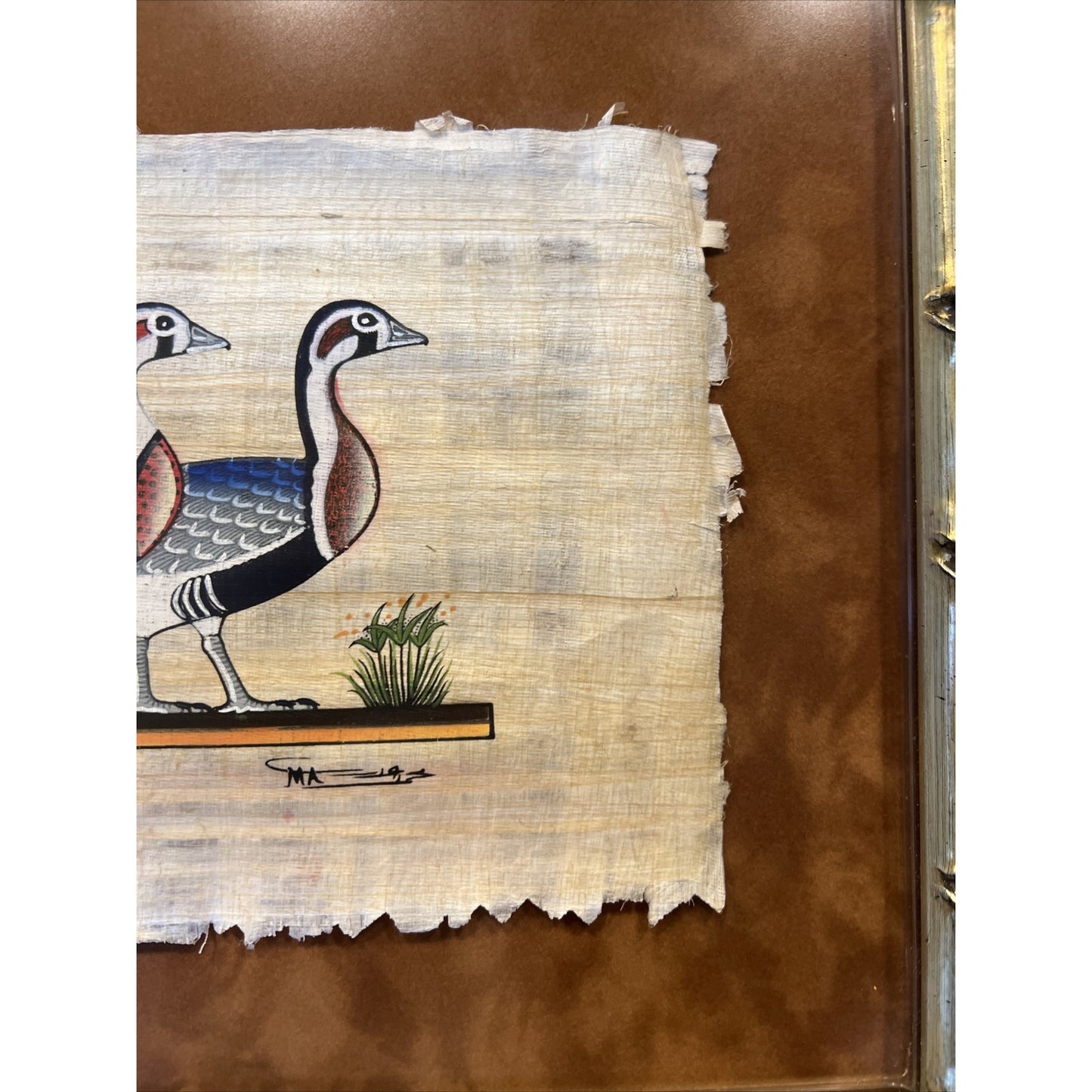 Vtg Delta Papyrus Factory Egypt Painting Geese Signed Birds Framed Certificate