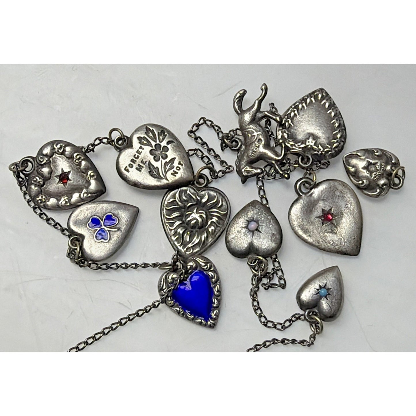Antique Sterling Silver Puffy Heart Charms Necklace Enamel Gemstone Emboss As Is