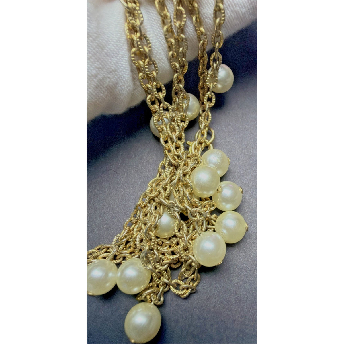 Vintage Tammey Jewels Faux Pearl Drop Necklace Gold Tone Metal Signed Oval Link