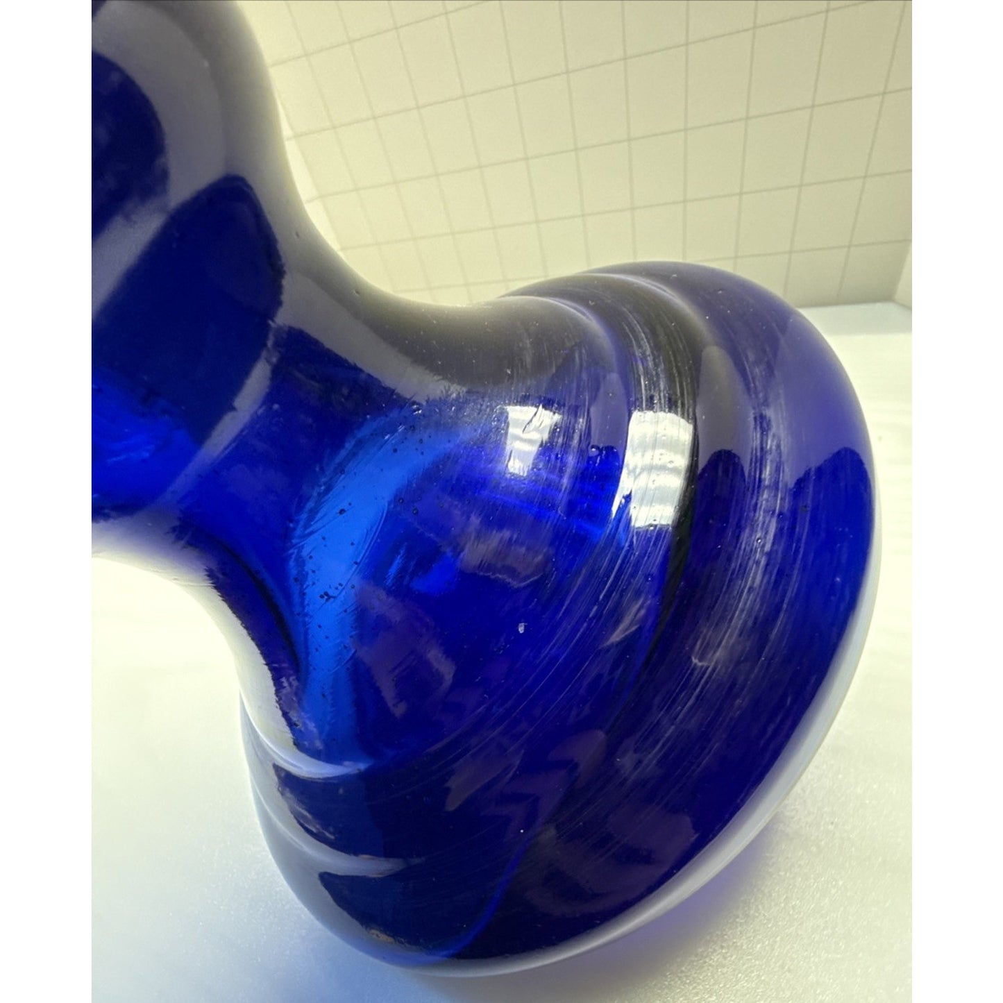 MCM Czech Bohemian Cobalt Blue Blown Glass Vase Urn Trophy Style Footed As Is