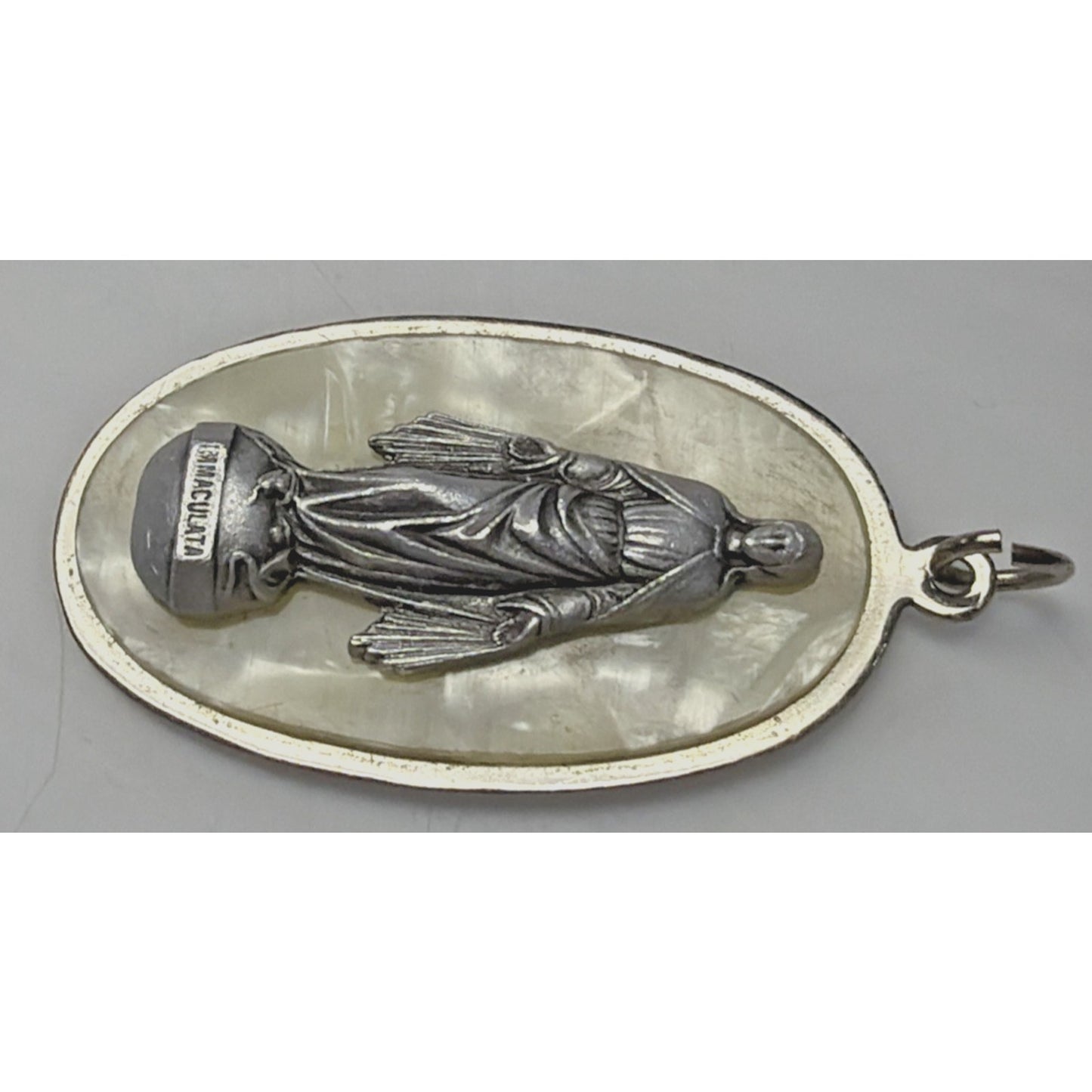 Immaculata Virgin Mary Saint Pendant Silver Metal Faux Mother Pearl Celluloid