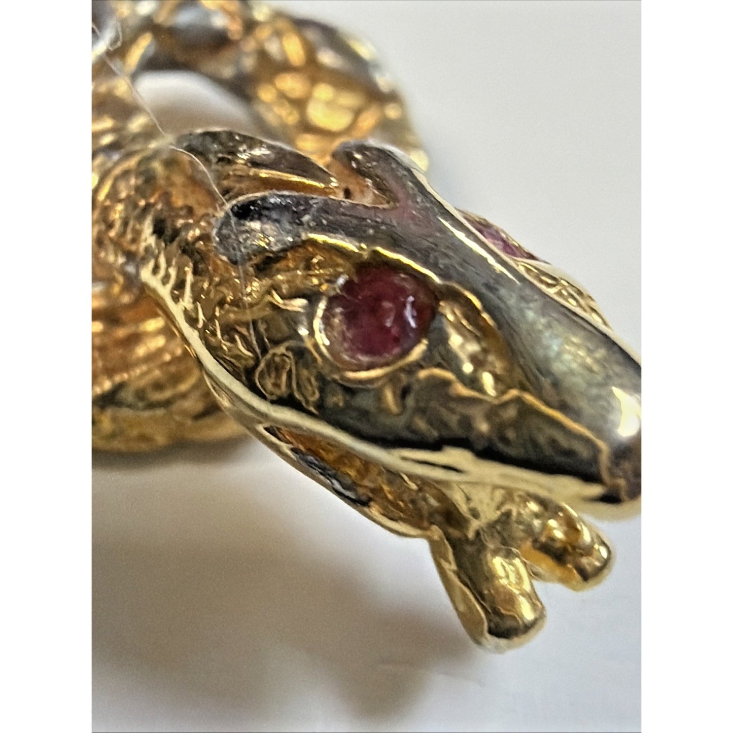 Vtg Coiled Snake Serpent Pendant Charm Open Mouth Ruby Eyes Gold Tone Infinity