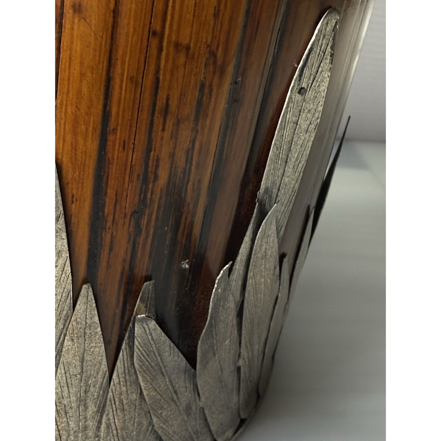 Old Japanese Bamboo Wood Vase Silvered Frog Grass Enameled Butterfly Large Read